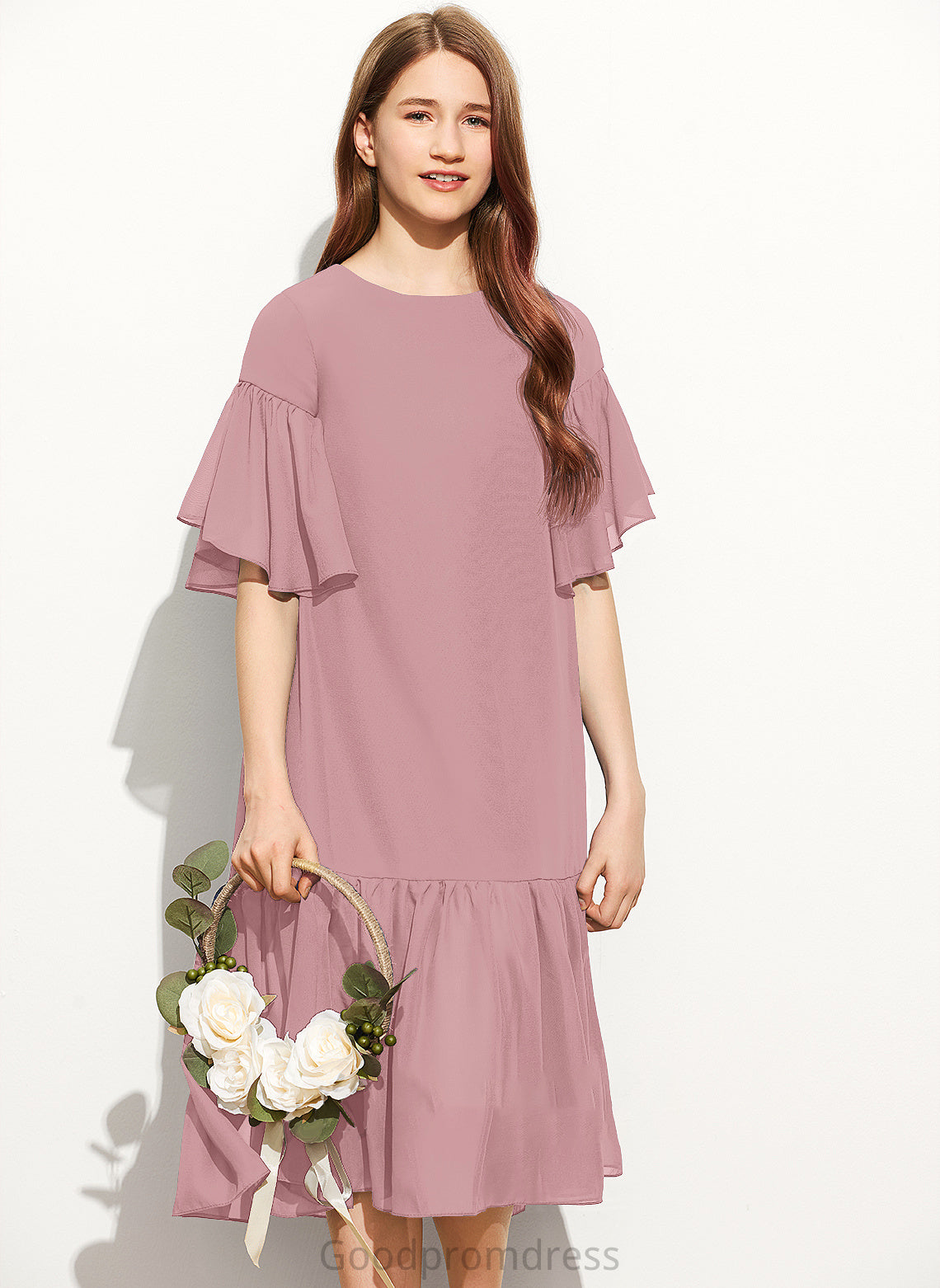 Cascading Scoop With Knee-Length Junior Bridesmaid Dresses Ruffles Liliana A-Line Neck Chiffon