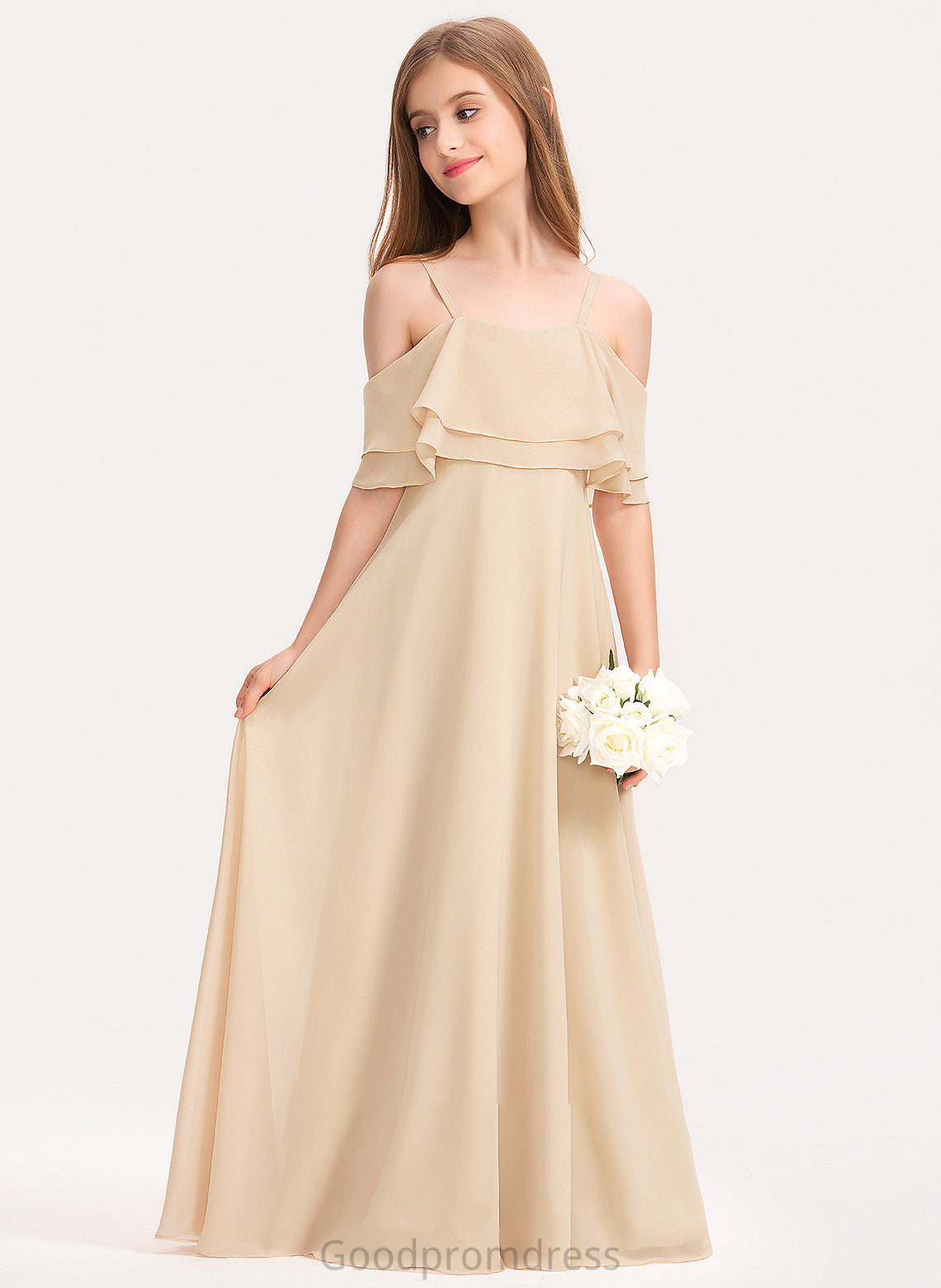 Ruffles A-Line Cascading Floor-Length Off-the-Shoulder Junior Bridesmaid Dresses Tiffany With Chiffon