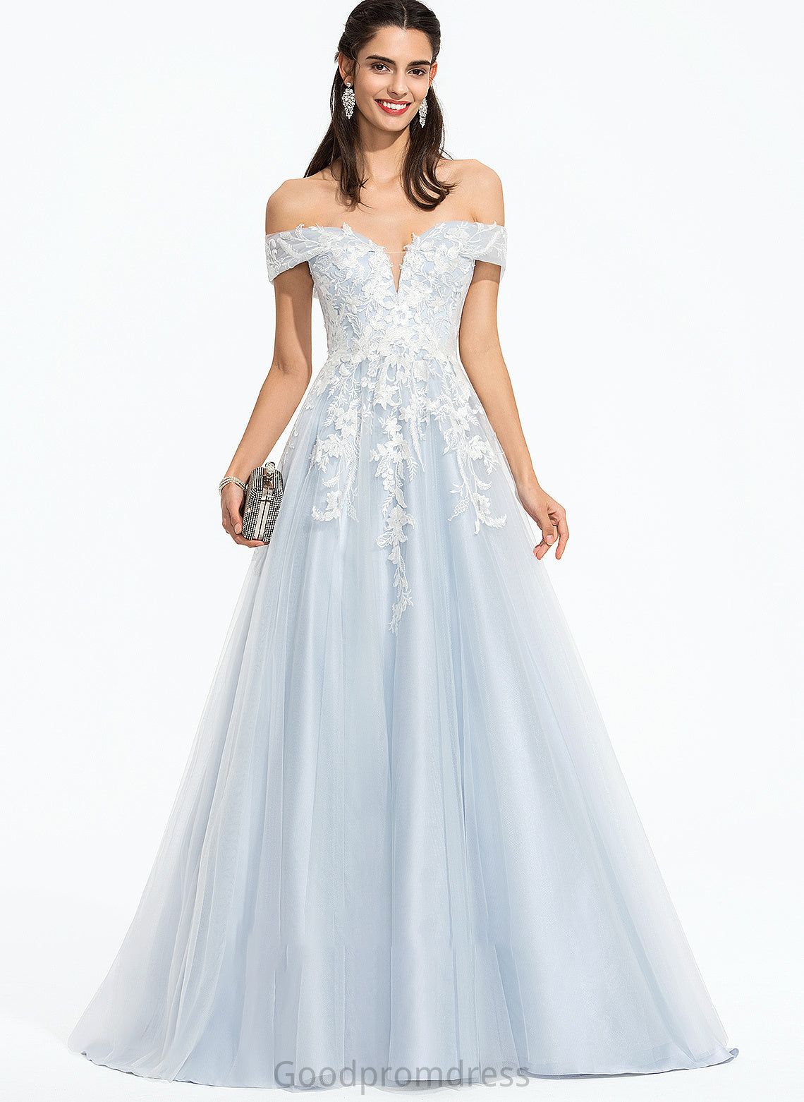 Ball-Gown/Princess Tulle Sweep Train Off-the-Shoulder Thea With Sequins Prom Dresses