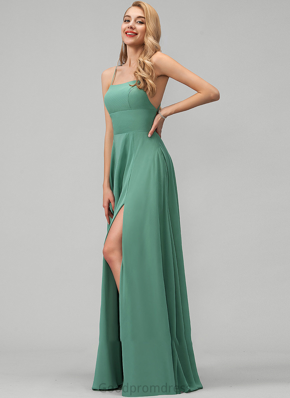 Neckline Front Prom Dresses Pockets Chiffon Floor-Length Split With Square Sahna A-Line