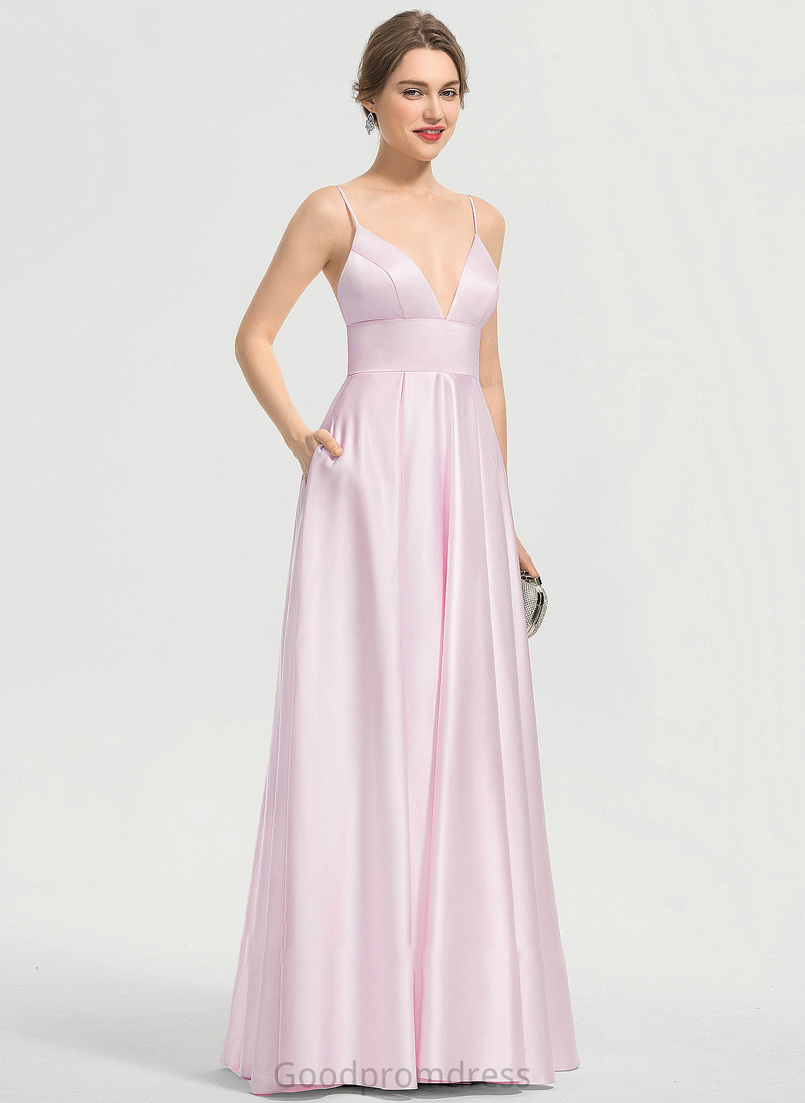 Floor-Length Satin Pockets Kathryn With Prom Dresses A-Line V-neck