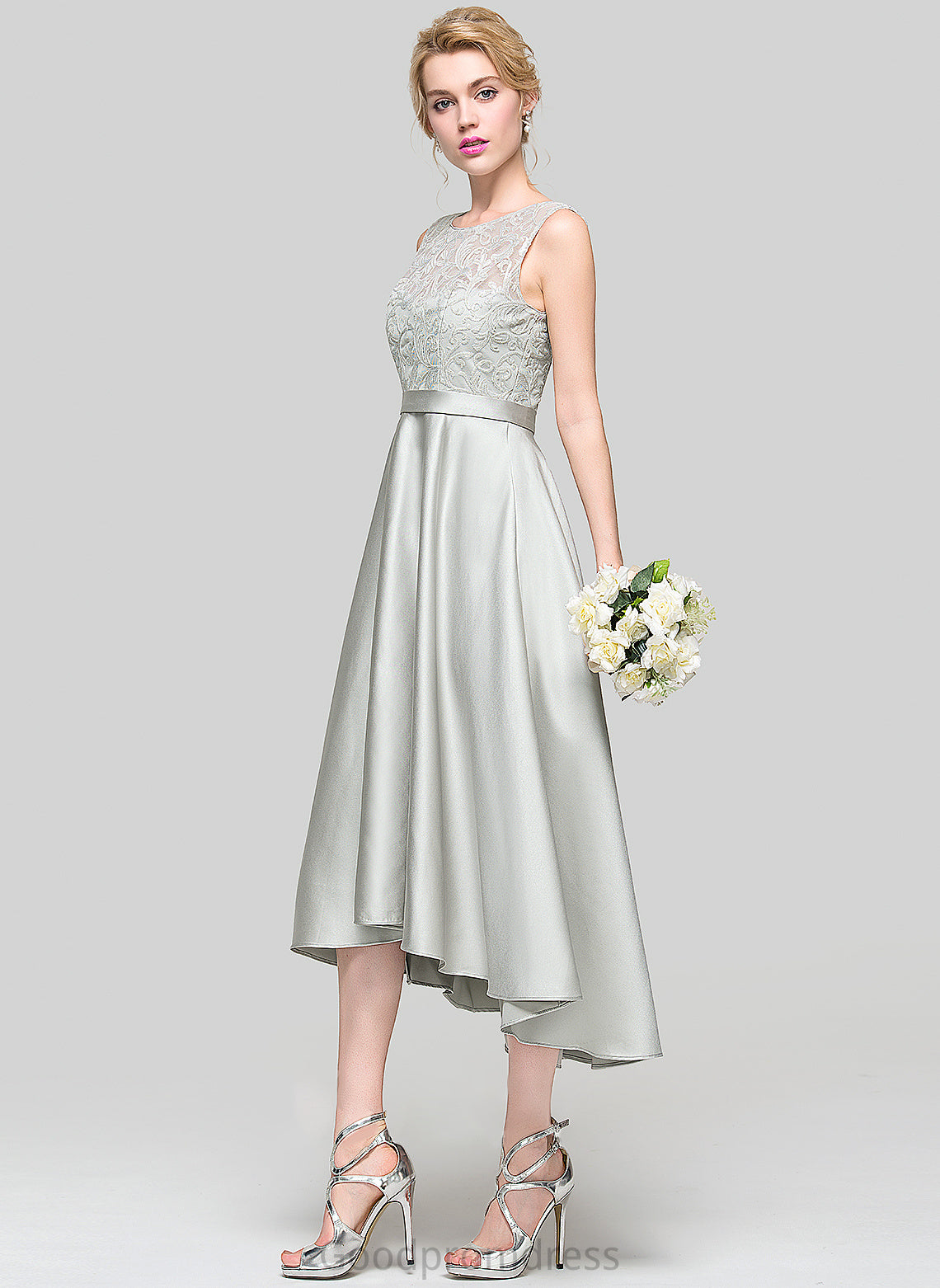 ScoopNeck Satin Silhouette Length Neckline Straps A-Line Fabric Lace Asymmetrical Savannah Sleeveless Bridesmaid Dresses