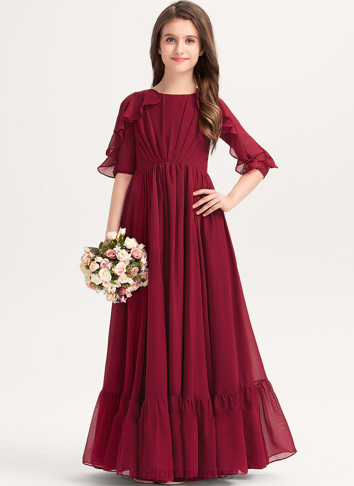 Neck Floor-Length Cascading A-Line Scoop Junior Bridesmaid Dresses Ruffles Ursula With Chiffon