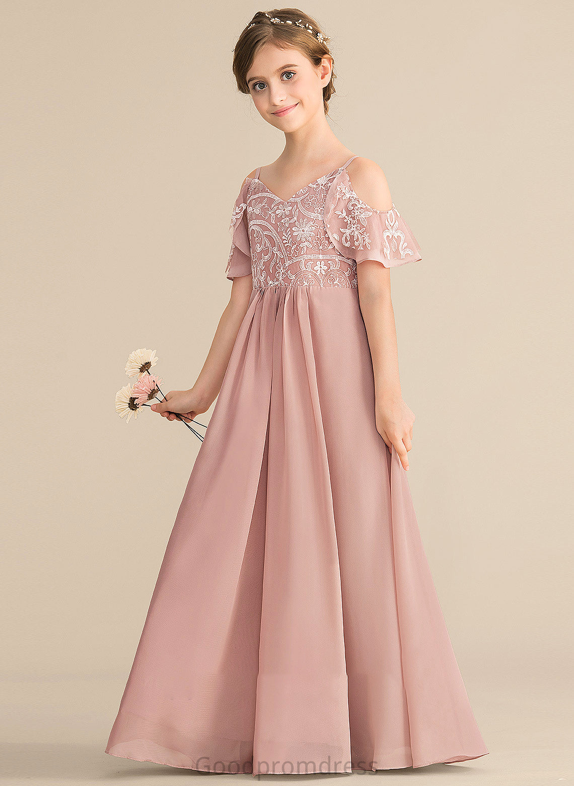 V-neck A-Line Chiffon Sophie Junior Bridesmaid Dresses Lace Floor-Length