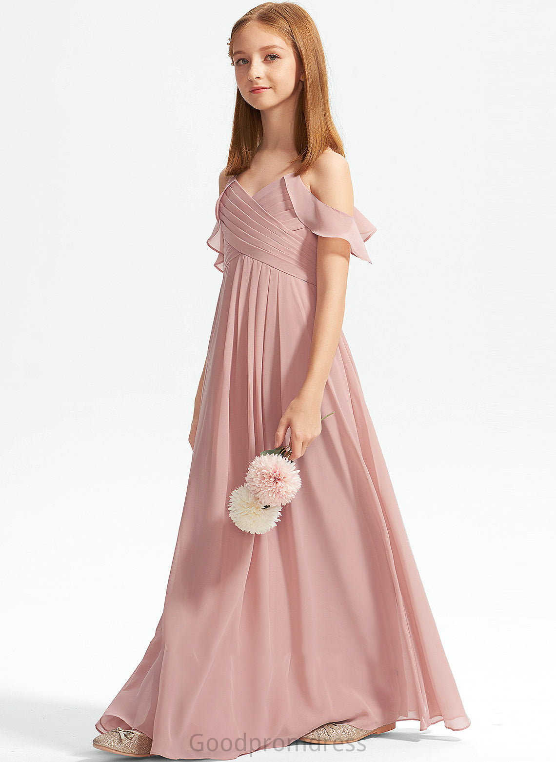 Chiffon Off-the-Shoulder With Ruffles Marin Floor-Length Cascading A-Line Junior Bridesmaid Dresses