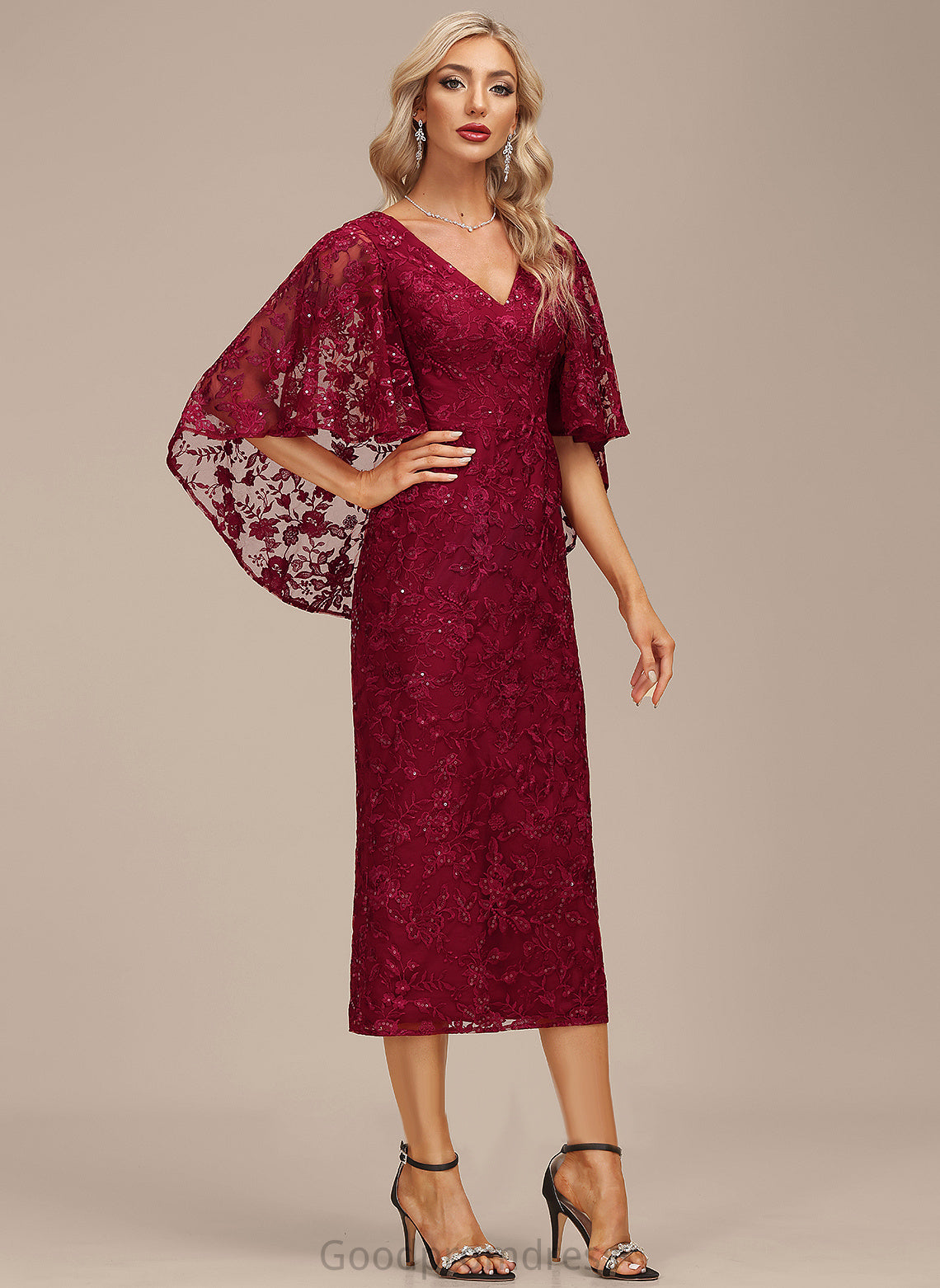 Madalynn Dress With Cocktail Dresses Cocktail Lace Sheath/Column Tea-Length V-neck Sequins