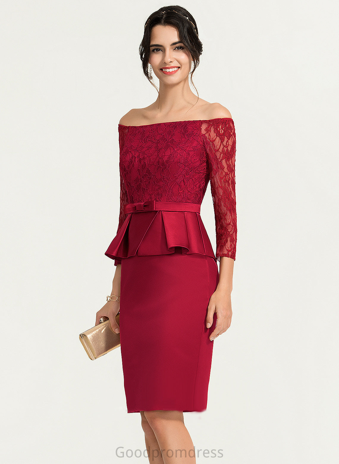 Dress Lace Off-the-Shoulder Satin Reina Knee-Length Cocktail Cocktail Dresses Sheath/Column