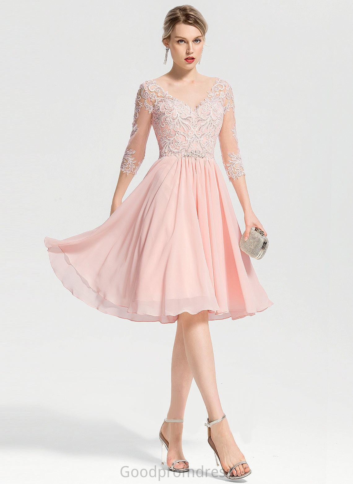 A-Line Beading Anika Cocktail Dresses Dress Knee-Length Chiffon Cocktail Lace With V-neck