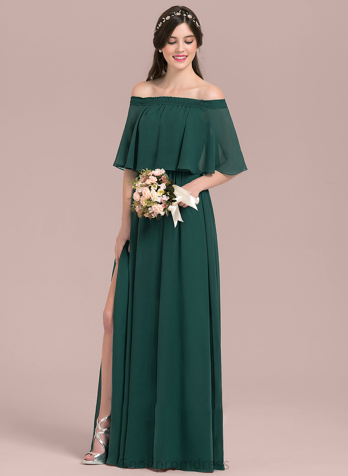 A-Line Neckline SplitFront Length Off-the-Shoulder Embellishment Fabric Silhouette Floor-Length Emelia A-Line/Princess Floor Length Bridesmaid Dresses