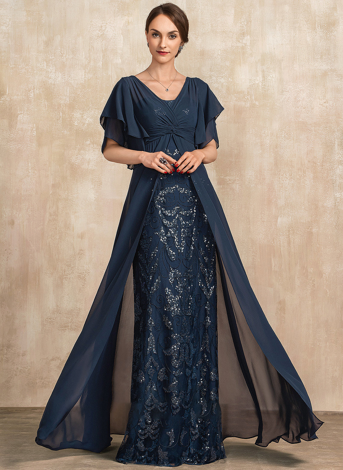 Floor-Length Mother Ruffle Mother of the Bride Dresses Sequins Dress Lace Bride of V-neck Kamora Chiffon With Sheath/Column the