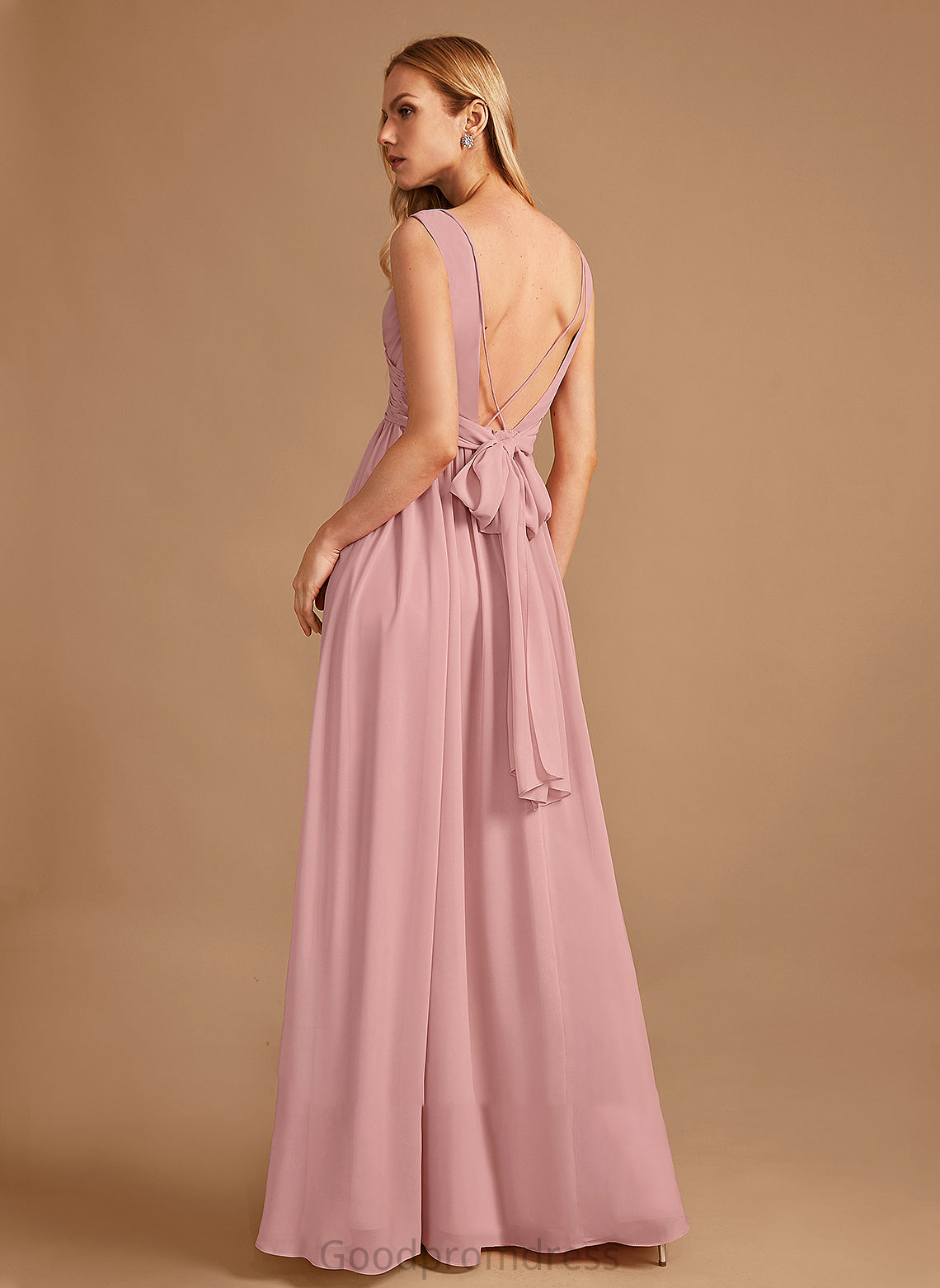 Floor-Length Ruffle Neckline Bow(s) Silhouette A-Line Fabric Length V-neck Embellishment Jordin Sleeveless Bridesmaid Dresses