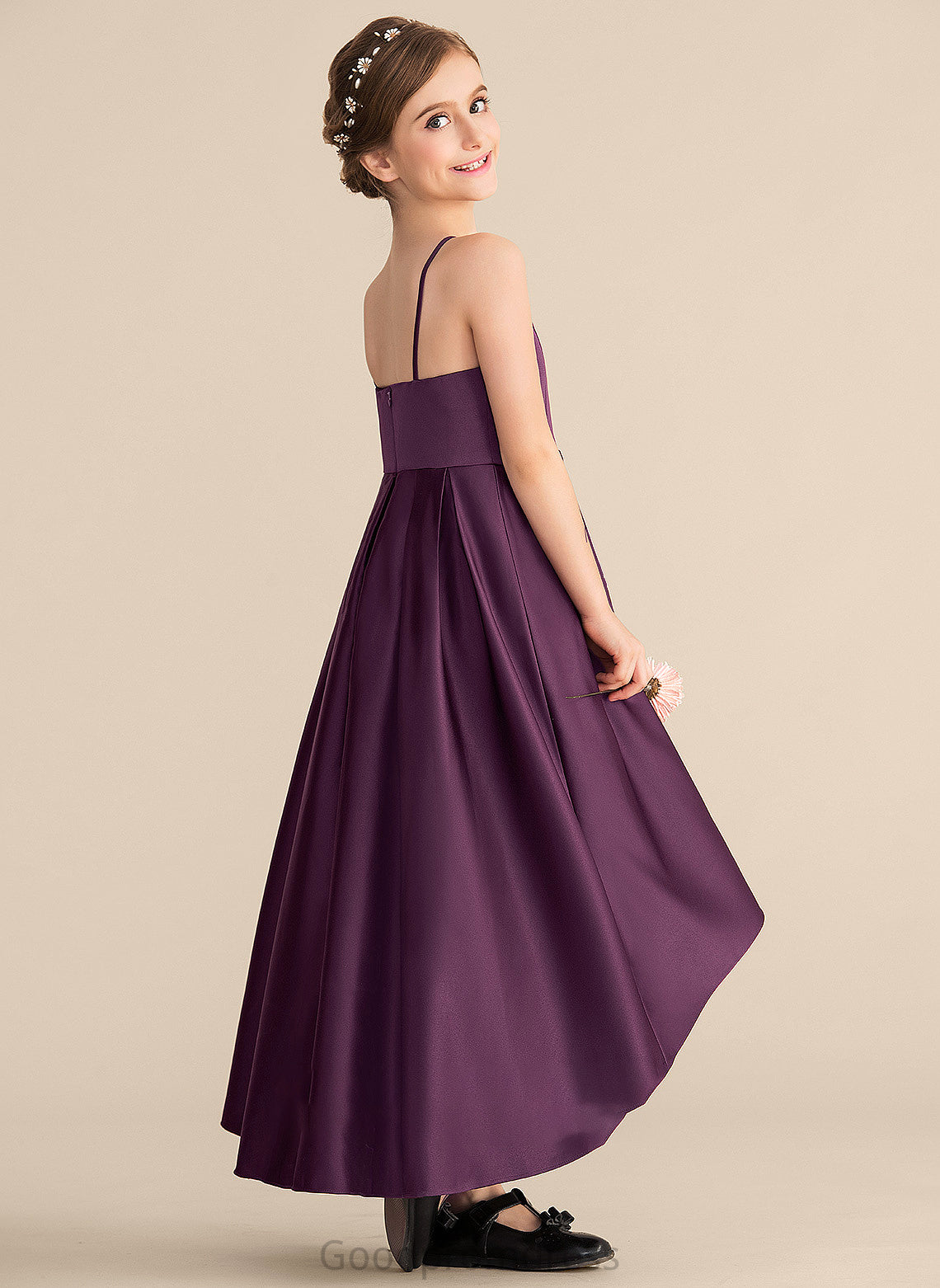 With Neck Scoop A-Line Satin Junior Bridesmaid Dresses Asymmetrical Ruffle Lillianna