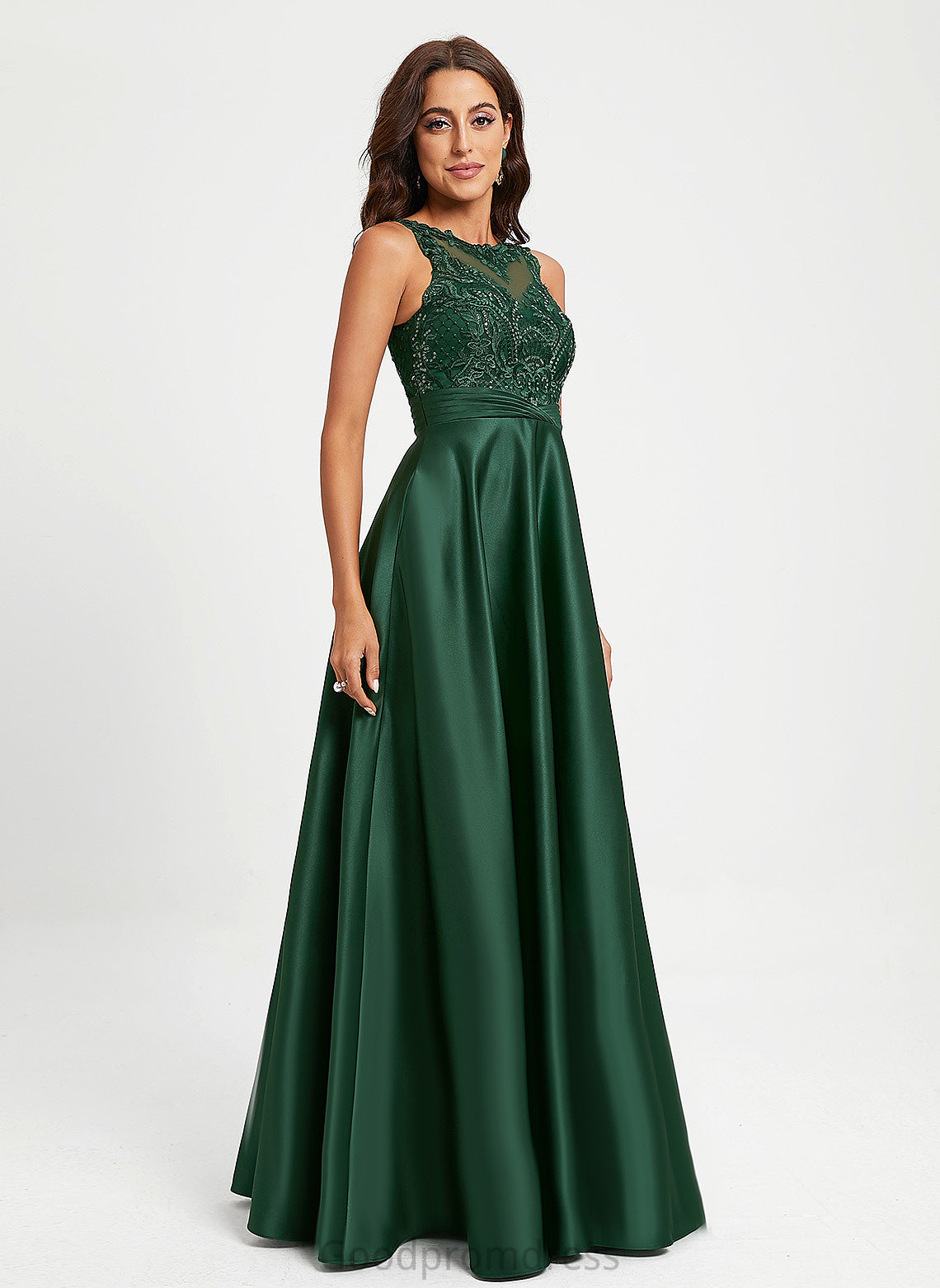 Mara Prom Dresses With Satin Floor-Length Ball-Gown/Princess Lace Sequins Scoop