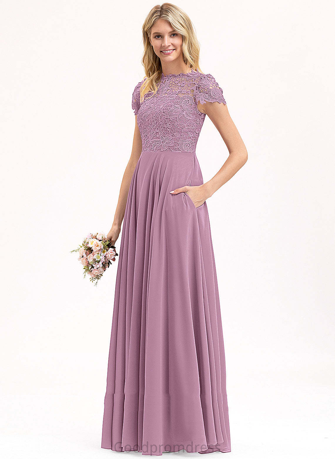 Scoop Straps&Sleeves Silhouette Fabric Length Neckline Floor-Length A-Line Lace Azaria Natural Waist A-Line/Princess Bridesmaid Dresses