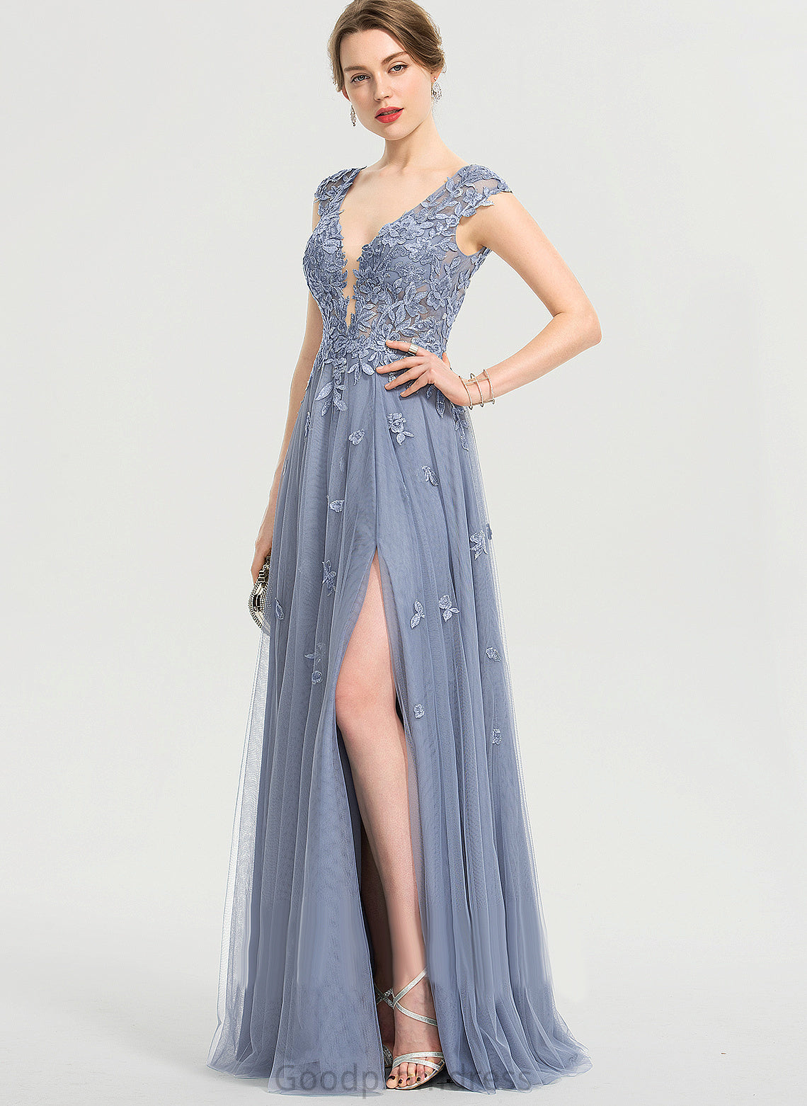 Floor-Length Amya V-neck Lace Sequins A-Line Tulle With Prom Dresses