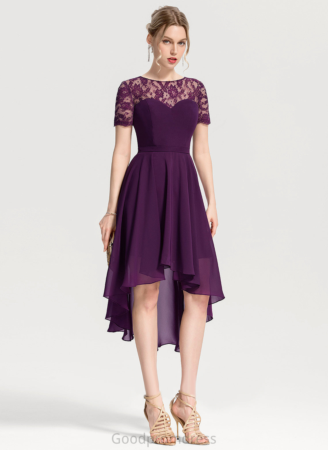 Silhouette Asymmetrical Neckline Straps&Sleeves Scoop Lace Length Fabric A-Line Gabriella Bridesmaid Dresses