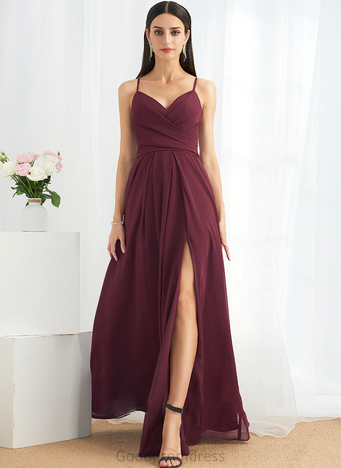 A-Line Ruffle V-neck Floor-Length Length Embellishment Fabric Silhouette Neckline SplitFront Adison One Shoulder Bridesmaid Dresses