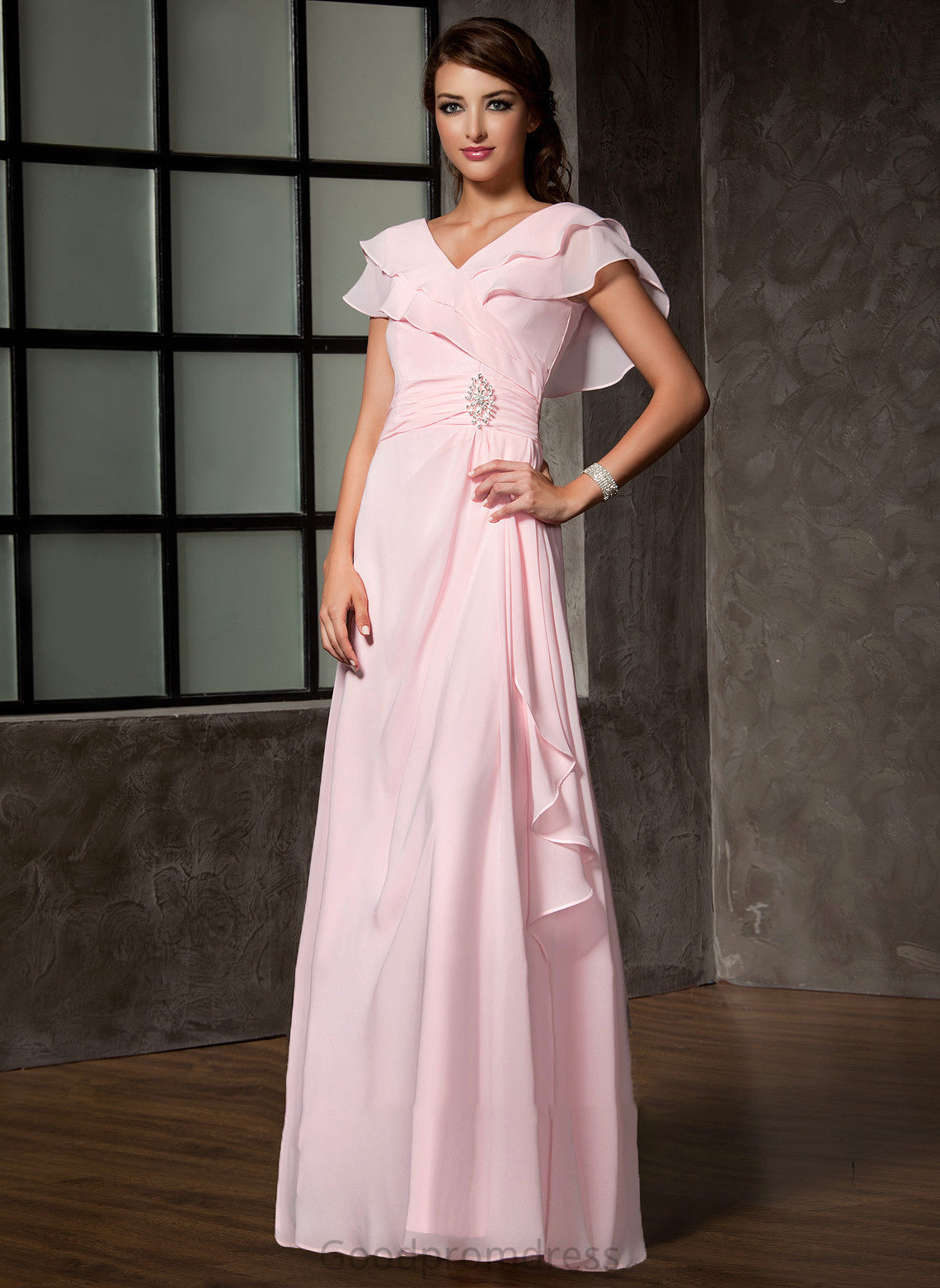 A-Line V-neck Floor-Length Dress Crystal Ruffles With Brooch Lillianna Bride Mother Mother of the Bride Dresses Chiffon Cascading of the