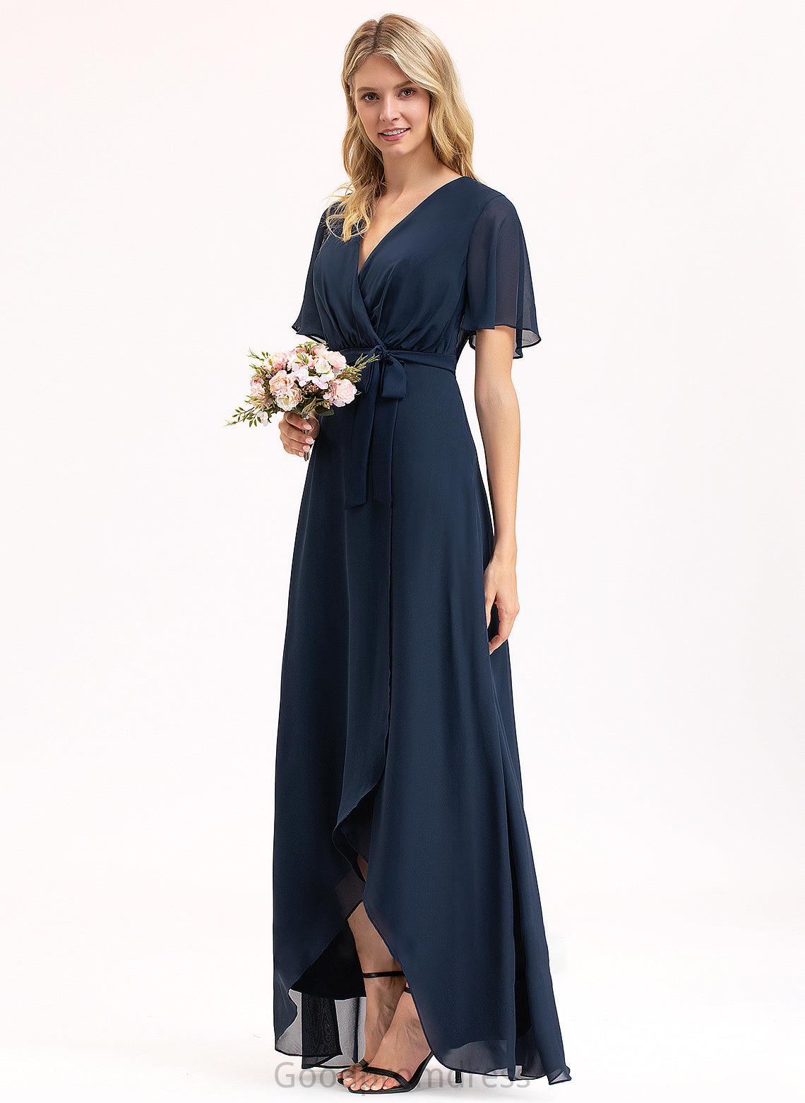 Fabric V-neck Silhouette A-Line Neckline Length Asymmetrical Bow(s) Embellishment Novia Sleeveless Floor Length Bridesmaid Dresses