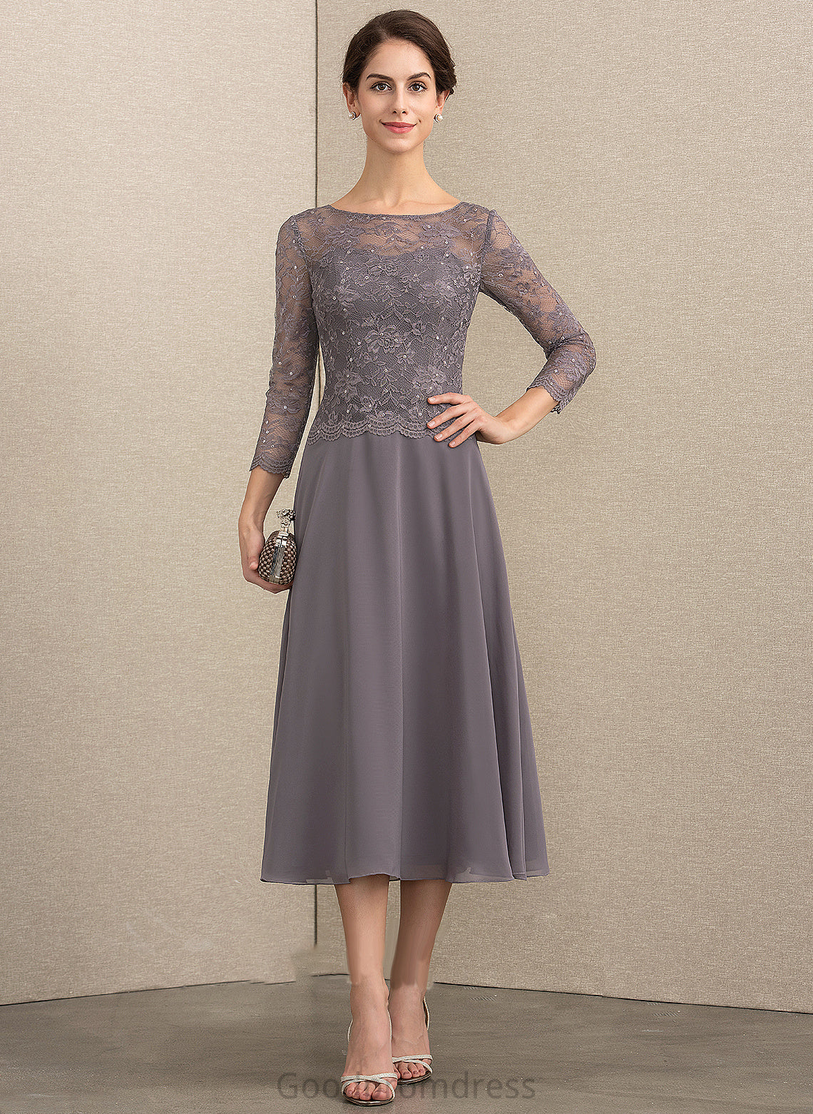 Scoop Lace Mother Tea-Length Mother of the Bride Dresses Sequins Chiffon Neck A-Line Rebekah With the Bride of Dress