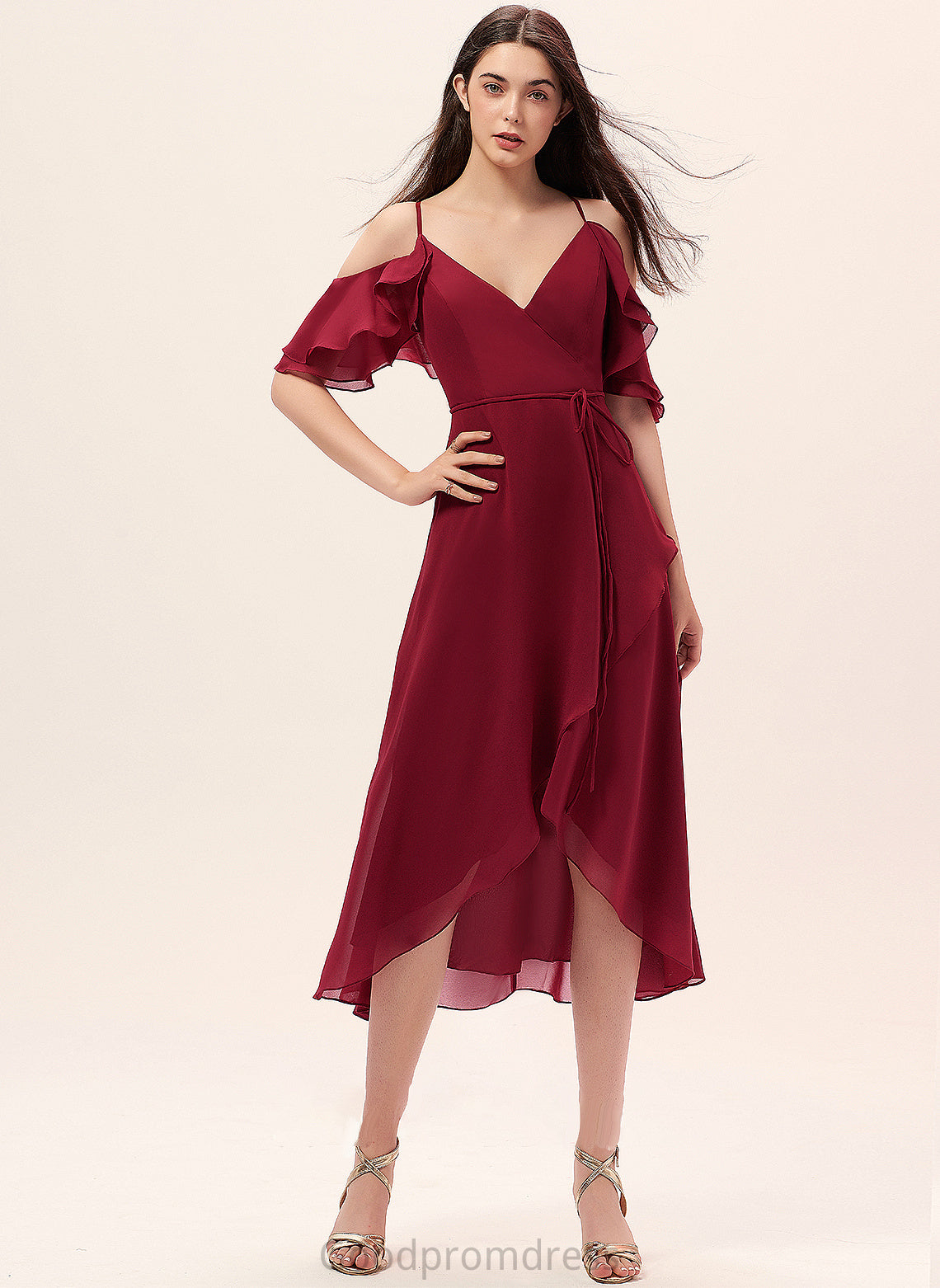 Neckline Embellishment Silhouette Length CascadingRuffles V-neck A-Line Fabric Asymmetrical Cloe Tulle Half Sleeves Bridesmaid Dresses