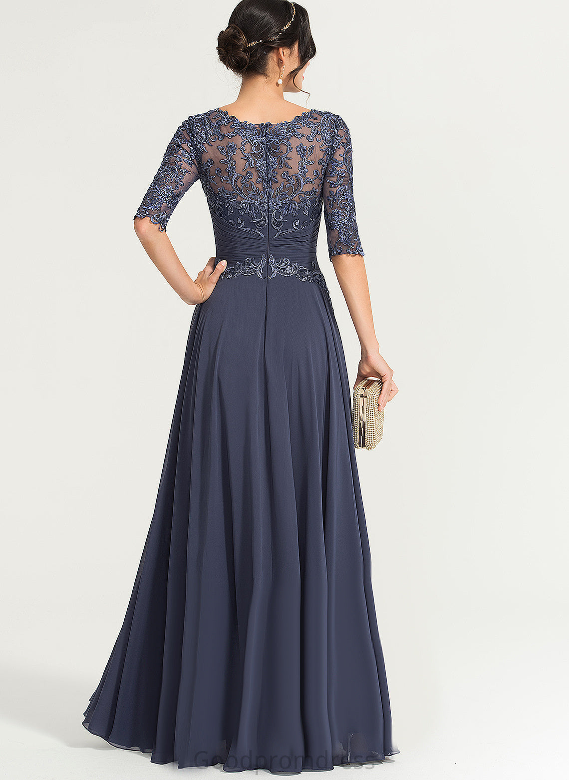 Lace A-Line Yvonne Prom Dresses With Sequins Pleated Floor-Length Scoop Illusion Chiffon