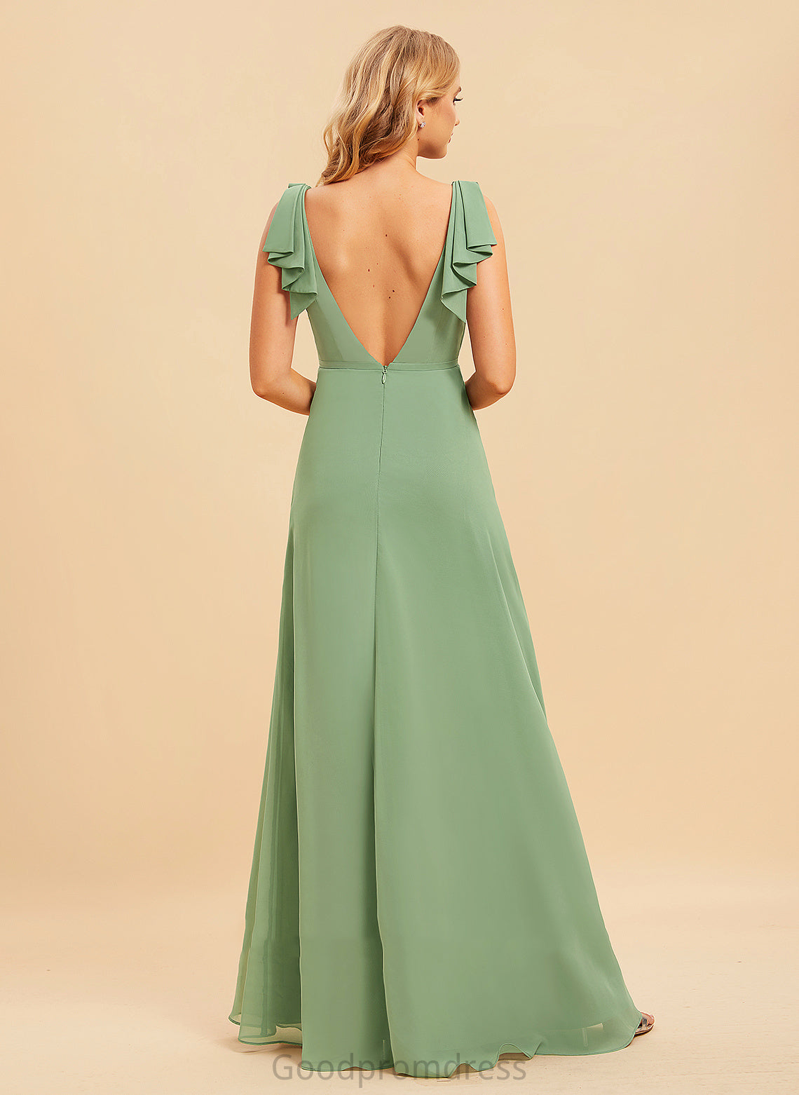 Ruffle Length Fabric Floor-Length Neckline Silhouette V-neck Embellishment A-Line Sibyl Floor Length Spaghetti Staps Bridesmaid Dresses