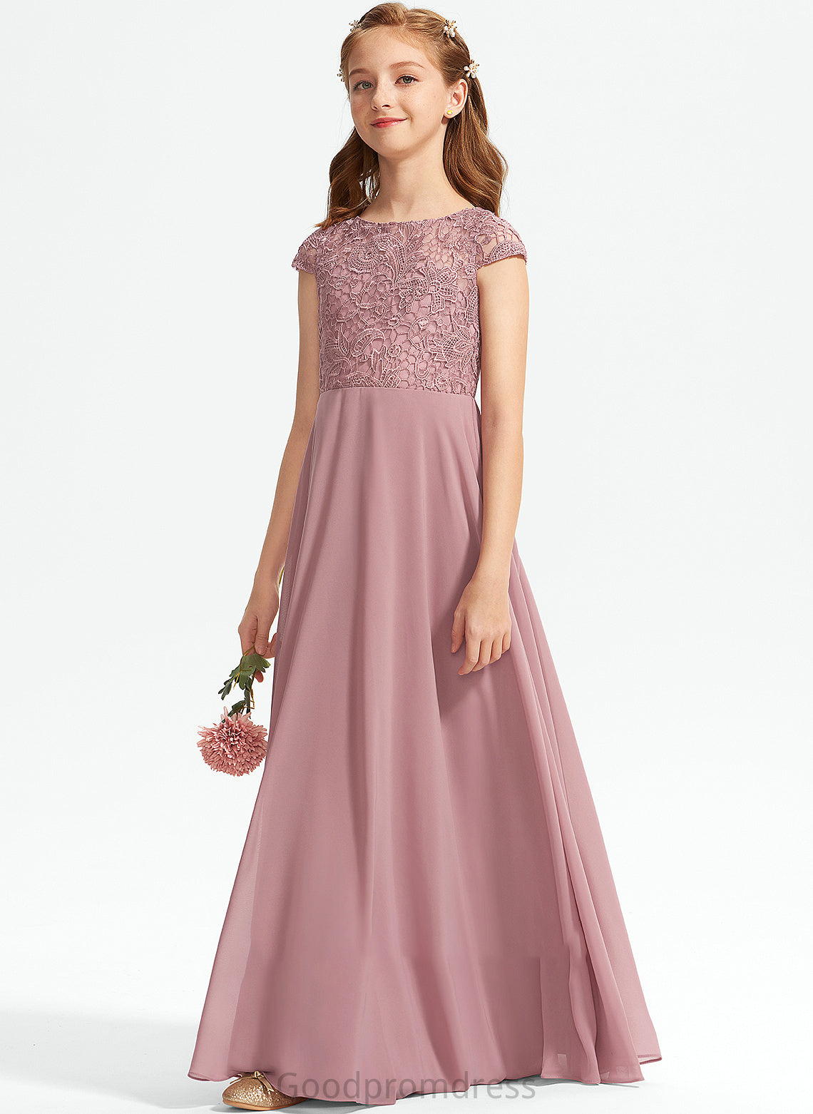 Scoop Chiffon Junior Bridesmaid Dresses Neck Lace Sam A-Line Floor-Length