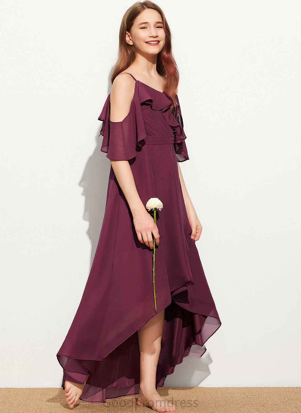 With Off-the-Shoulder Junior Bridesmaid Dresses Cascading Chiffon Kaylen Asymmetrical Ruffles A-Line