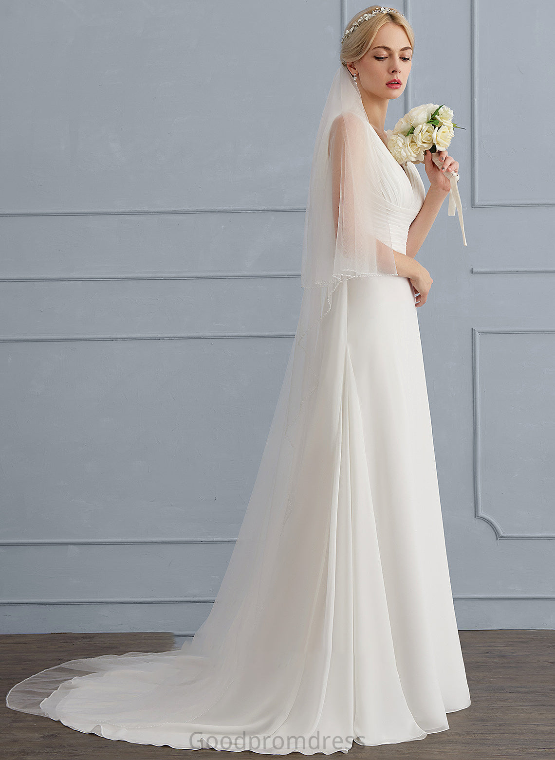 With Dress Wedding A-Line Chiffon Wedding Dresses Sweep Madison Train Ruffle V-neck