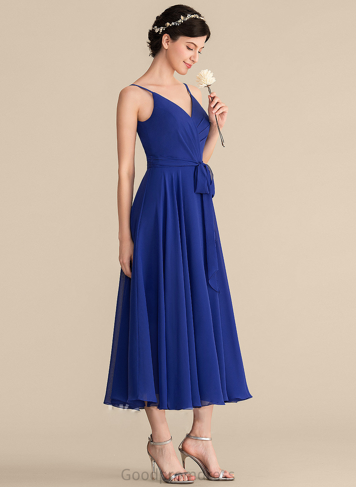 A-Line Embellishment Length Bow(s) Fabric Neckline Silhouette V-neck Tea-Length Ruffle Addyson Natural Waist Bridesmaid Dresses