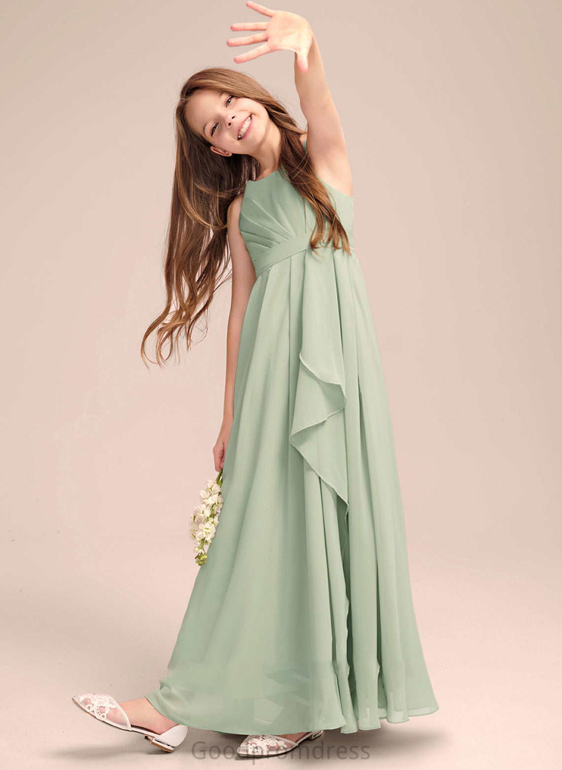 Ruffles Floor-Length A-Line Lucille Chiffon Junior Bridesmaid Dresses Neck Cascading Scoop With