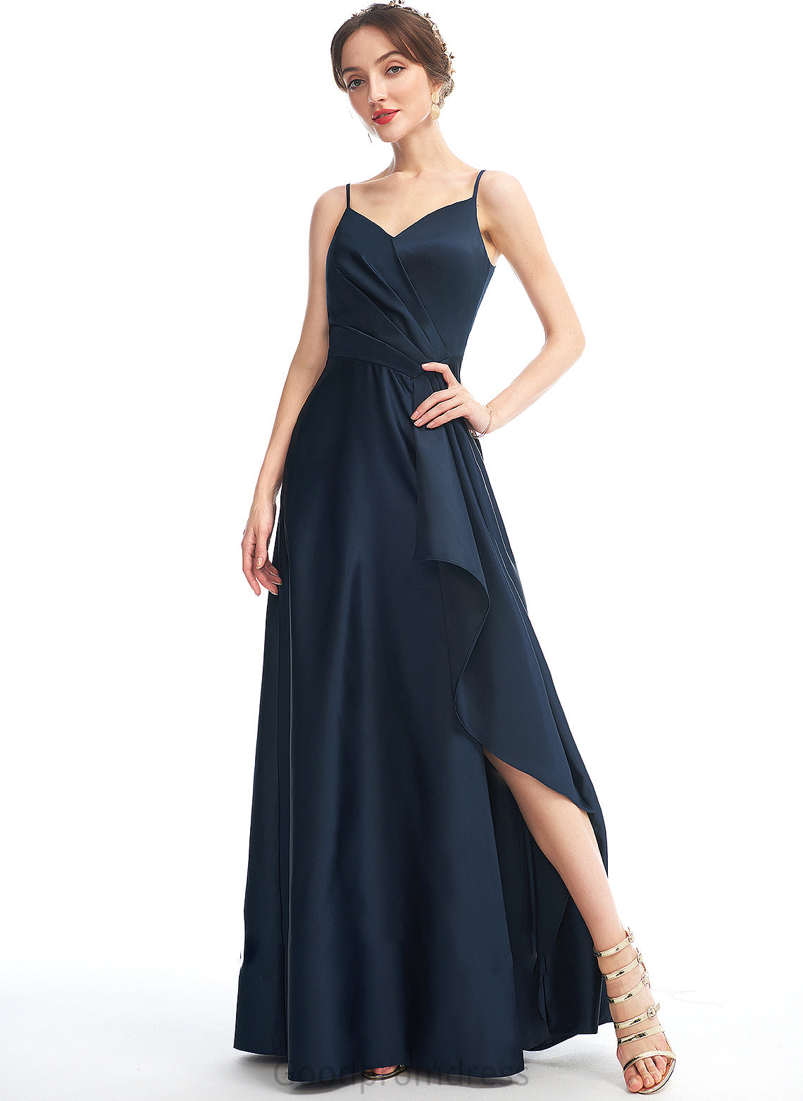 Floor-Length V-neck Fabric Silhouette Length A-Line SplitFront Pockets Embellishment Neckline Aliza A-Line/Princess Bridesmaid Dresses