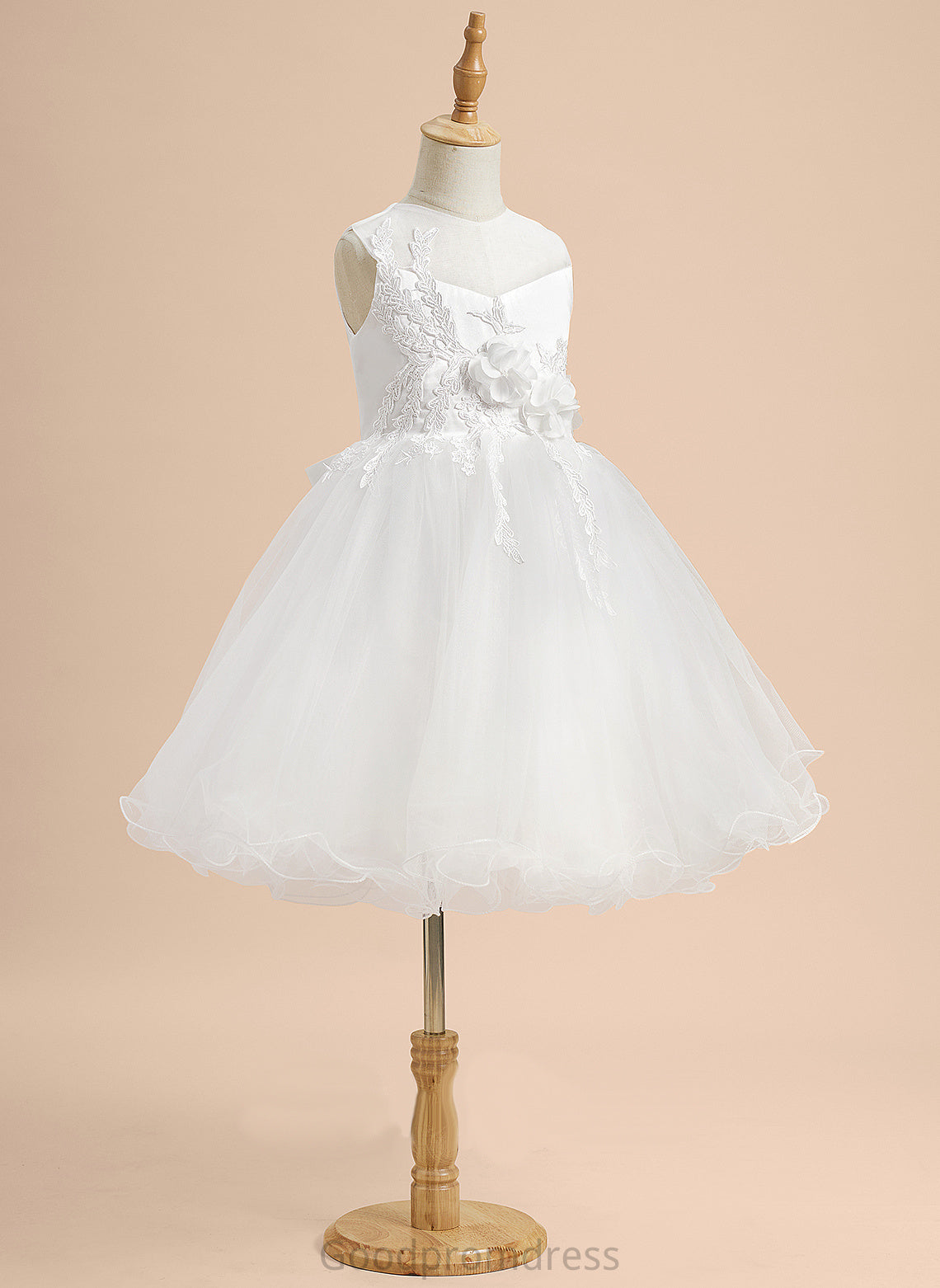 - Knee-length Girl Flower A-Line Scoop Lace/Flower(s)/Bow(s) Neck Dress With Satin/Tulle Flower Girl Dresses Sleeveless Silvia