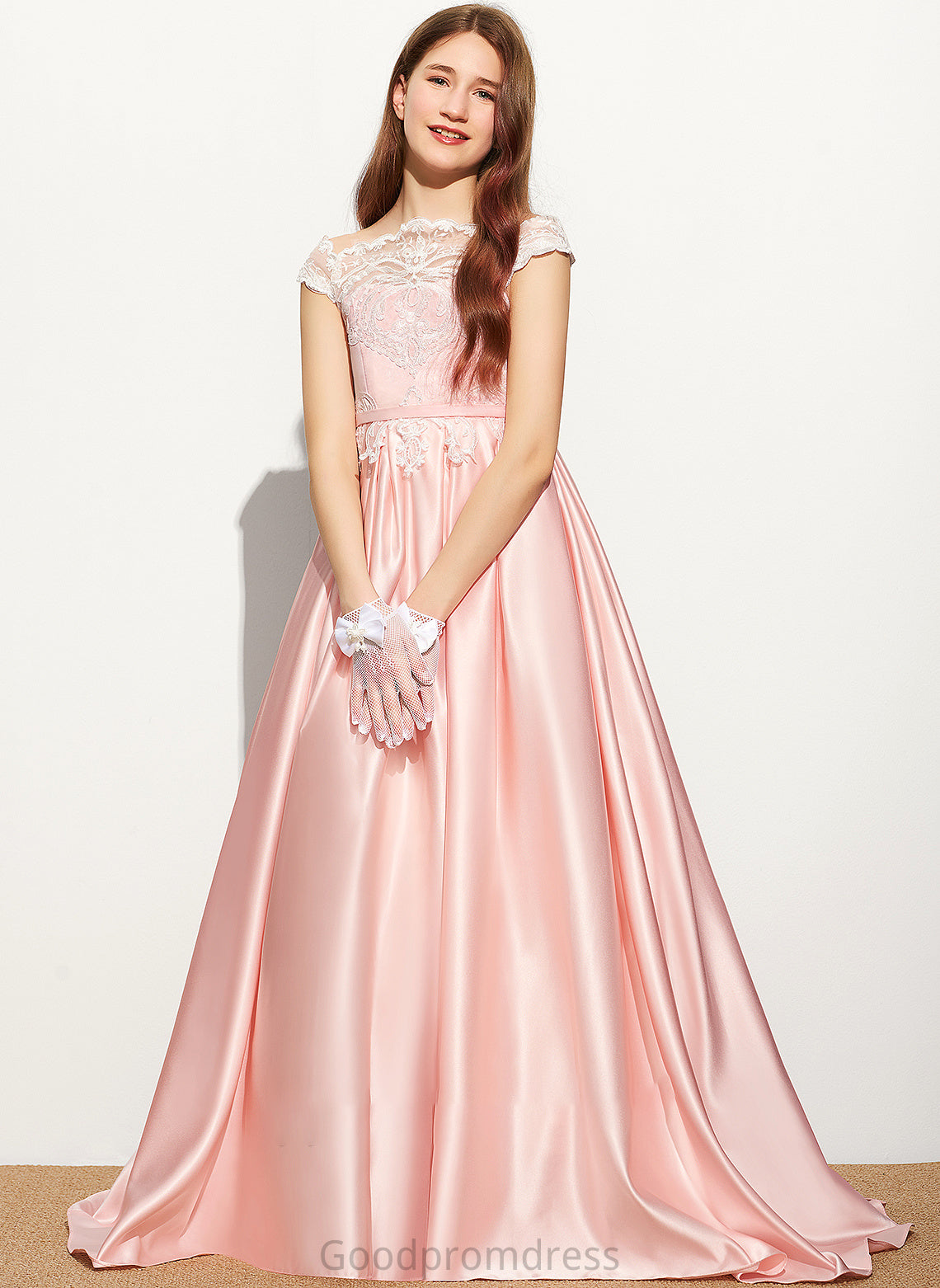 Lace Train Sweep Ball-Gown/Princess Junior Bridesmaid Dresses Ariel Off-the-Shoulder Satin