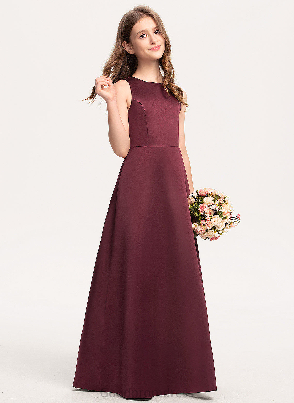 A-Line Neck Scoop Floor-Length Junior Bridesmaid Dresses Erika Satin