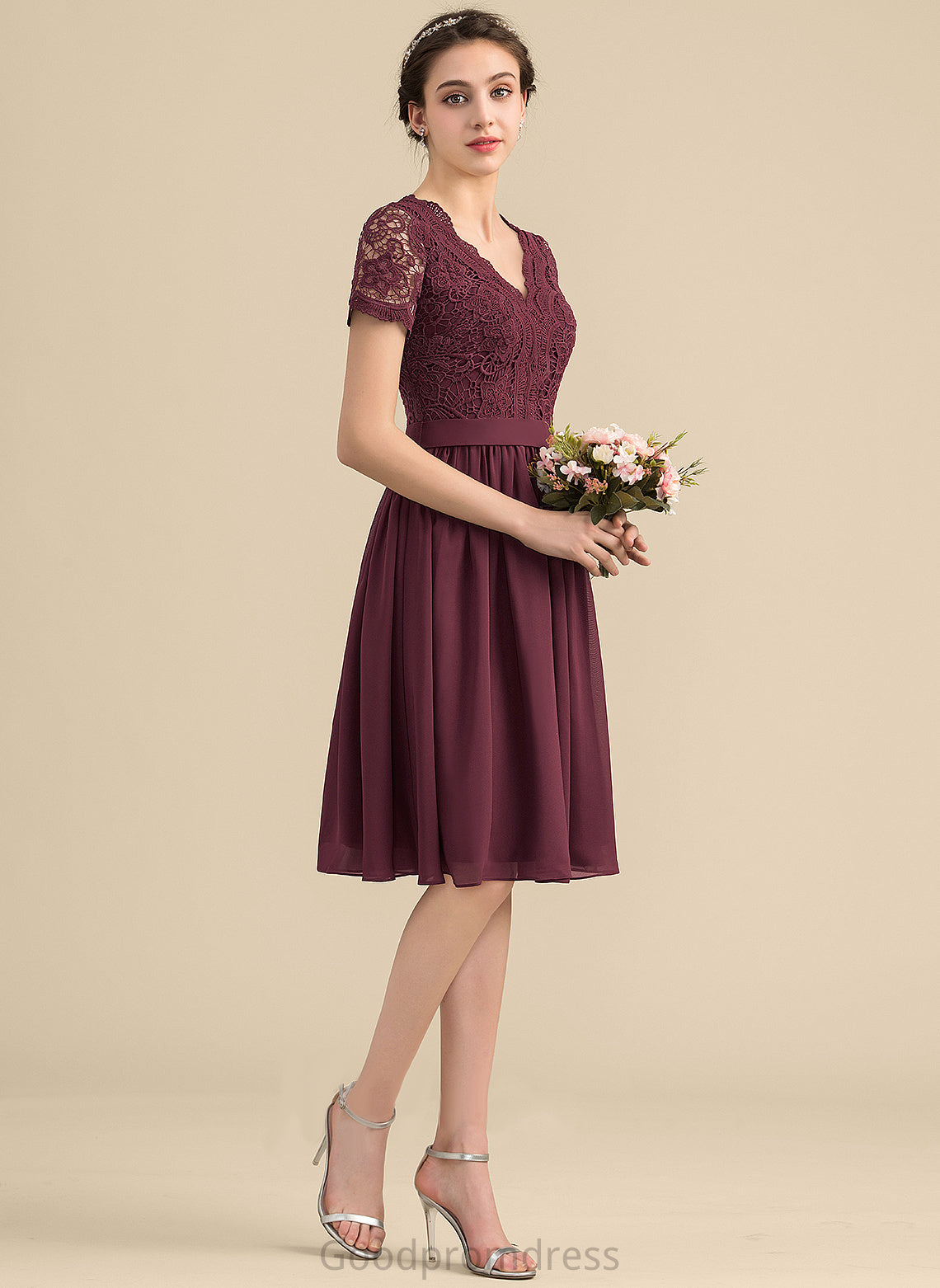 Neckline A-Line Silhouette Embellishment Lace V-neck Length Knee-Length Fabric Carley Spaghetti Staps Natural Waist Bridesmaid Dresses