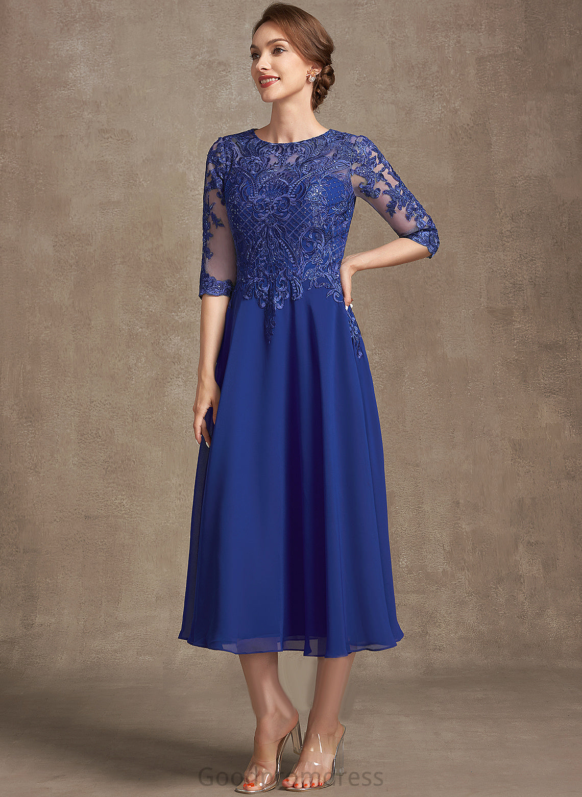 Sequins With Tea-Length of Scoop Dress Mother of the Bride Dresses Bride Mother Neck Chiffon A-Line Lainey the Lace