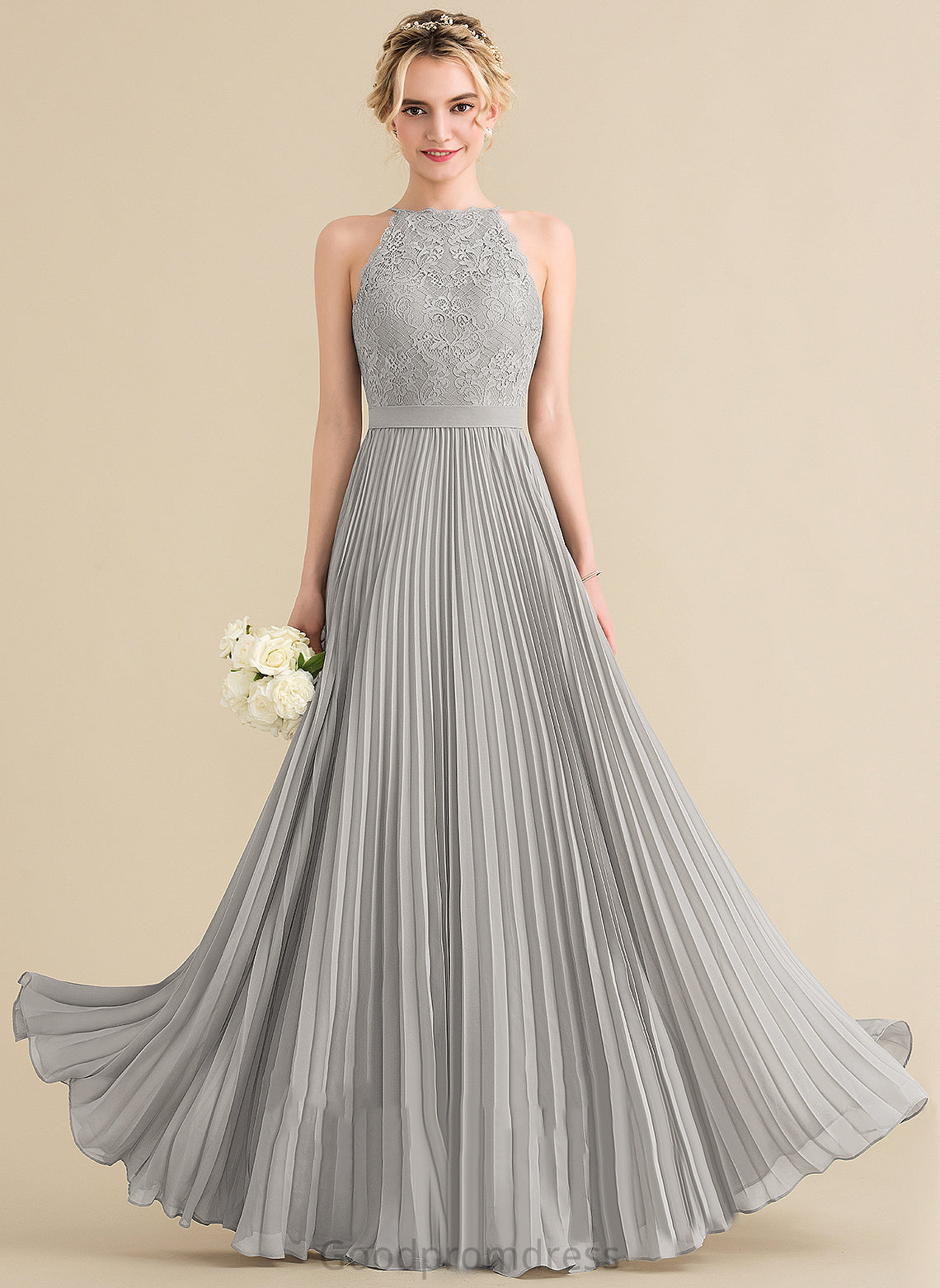 Scoop Pleated Chiffon Lace Floor-Length Jocelyn A-Line Prom Dresses With