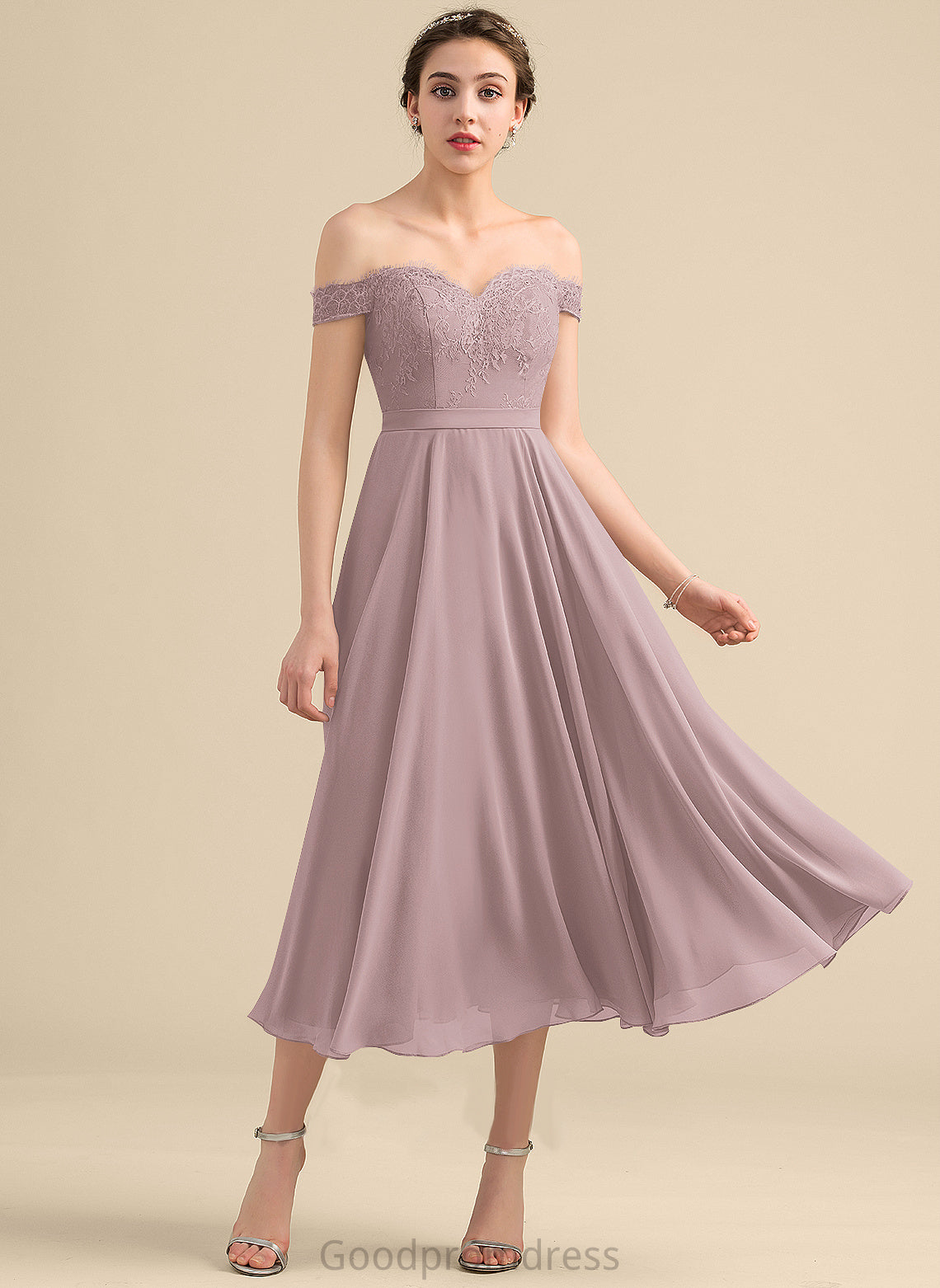 Homecoming Beading Lace With Dress Ellen Homecoming Dresses Tea-Length Chiffon Off-the-Shoulder A-Line