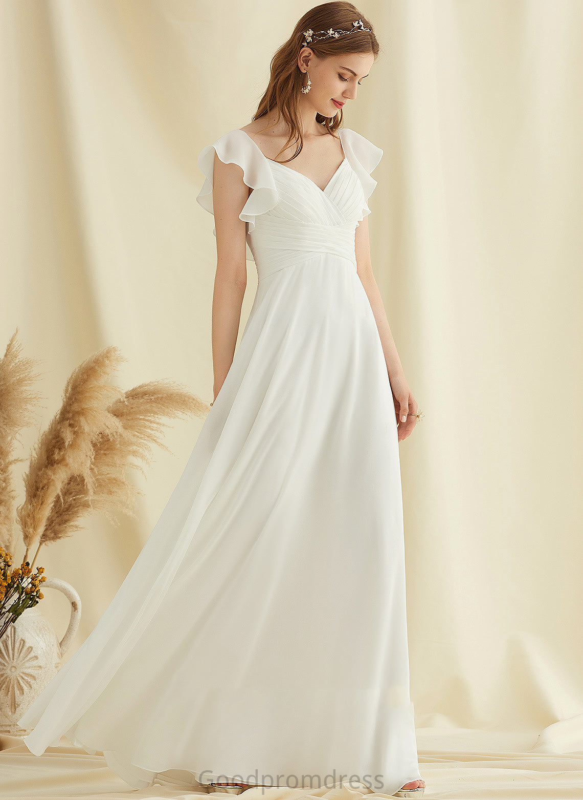 Keyla Wedding Dresses Wedding With Floor-Length V-neck Ruffle A-Line Dress Chiffon