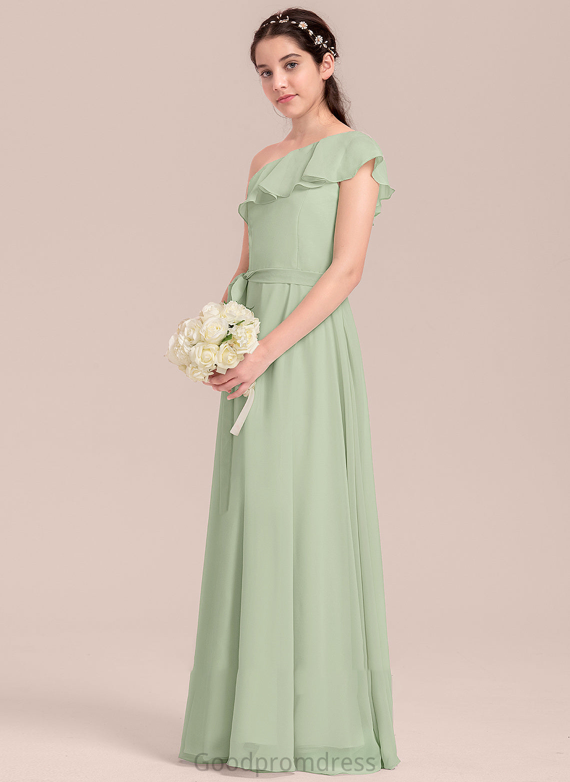 Junior Bridesmaid Dresses Chiffon Cascading One-Shoulder A-Line Floor-Length Camila With Ruffles