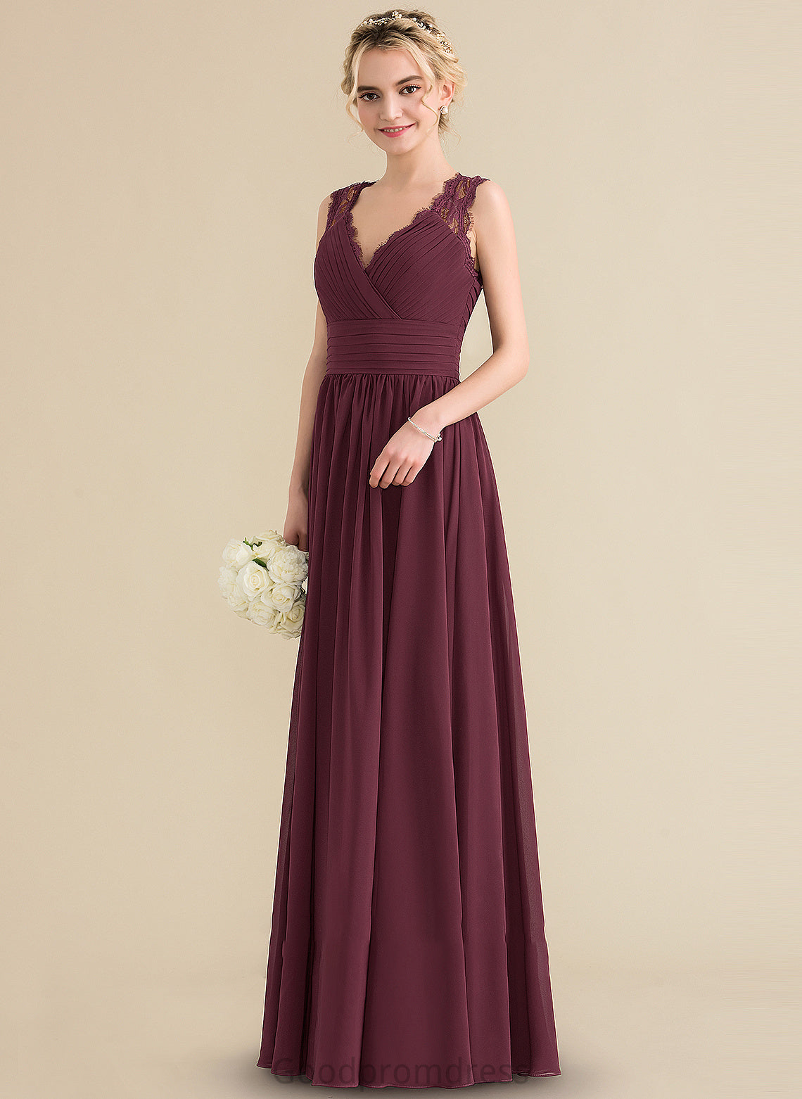 Fabric Floor-Length A-Line Silhouette Ruffle Length Bow(s) Embellishment V-neck Neckline Bianca Floor Length Bridesmaid Dresses