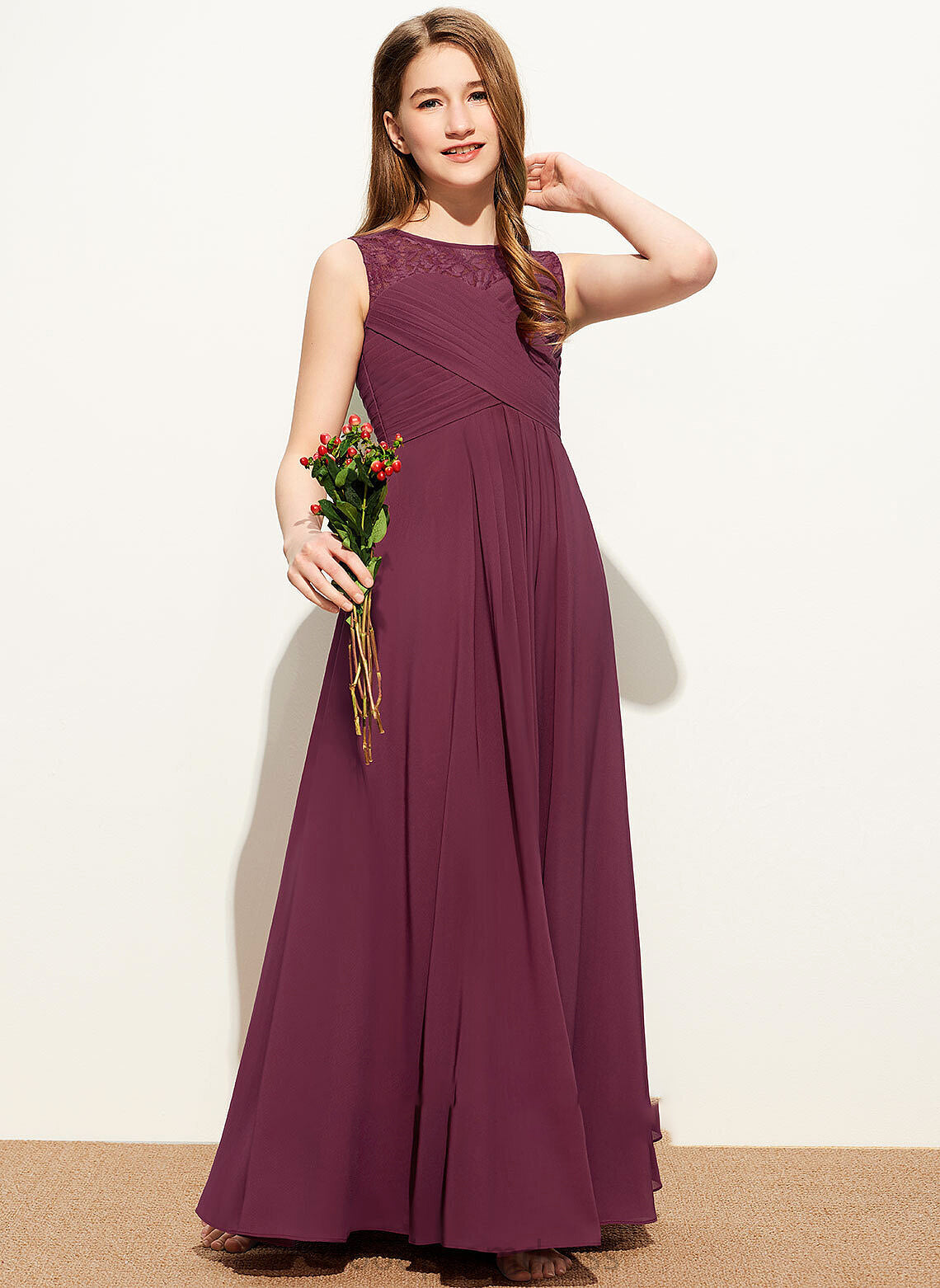 Chiffon With Lace Junior Bridesmaid Dresses Ruffle Jadyn Bow(s) Scoop Floor-Length A-Line Neck