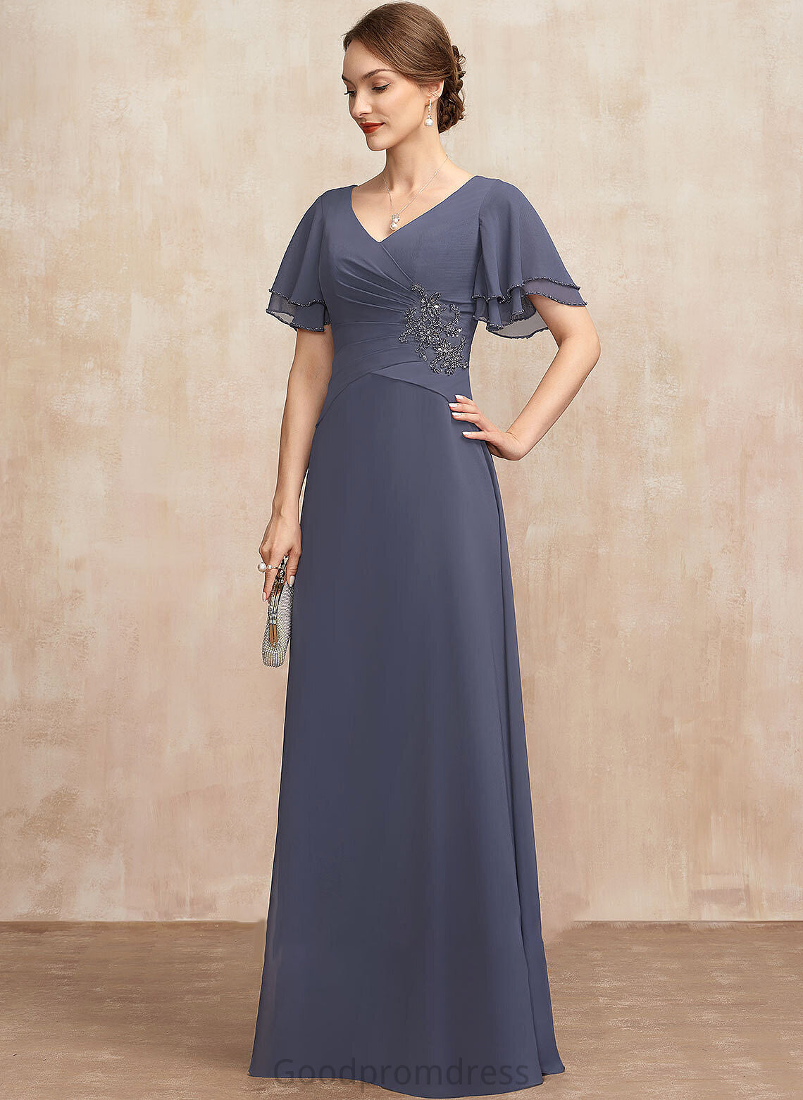 A-Line Dress Mother the Mother of the Bride Dresses With Beading of Bride Cailyn V-neck Chiffon Floor-Length Ruffle