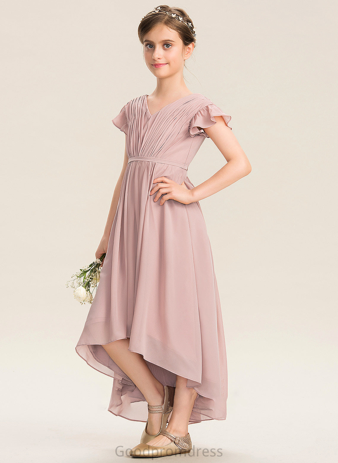 Chiffon V-neck Cascading Asymmetrical A-Line Bow(s) Junior Bridesmaid Dresses Ruffles Kendra With