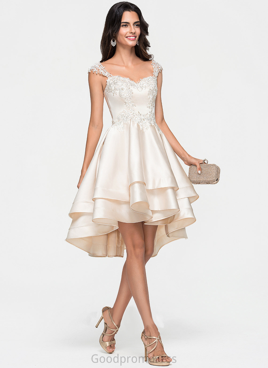 Satin Asymmetrical Lace Cascading With Homecoming Dresses Dress Quintina Ruffles Beading Homecoming Sweetheart A-Line