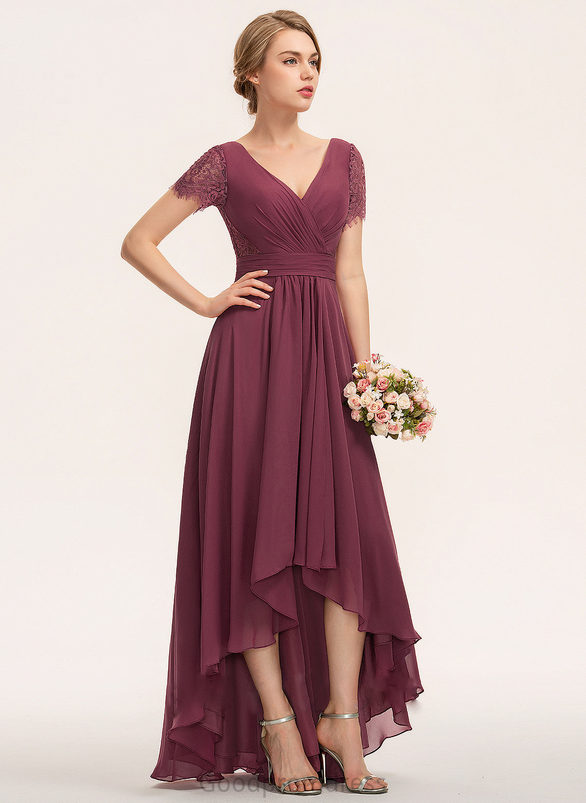 A-Line V-neck Fabric Length Neckline Ruffle Embellishment Asymmetrical Silhouette Una Floor Length Natural Waist Bridesmaid Dresses