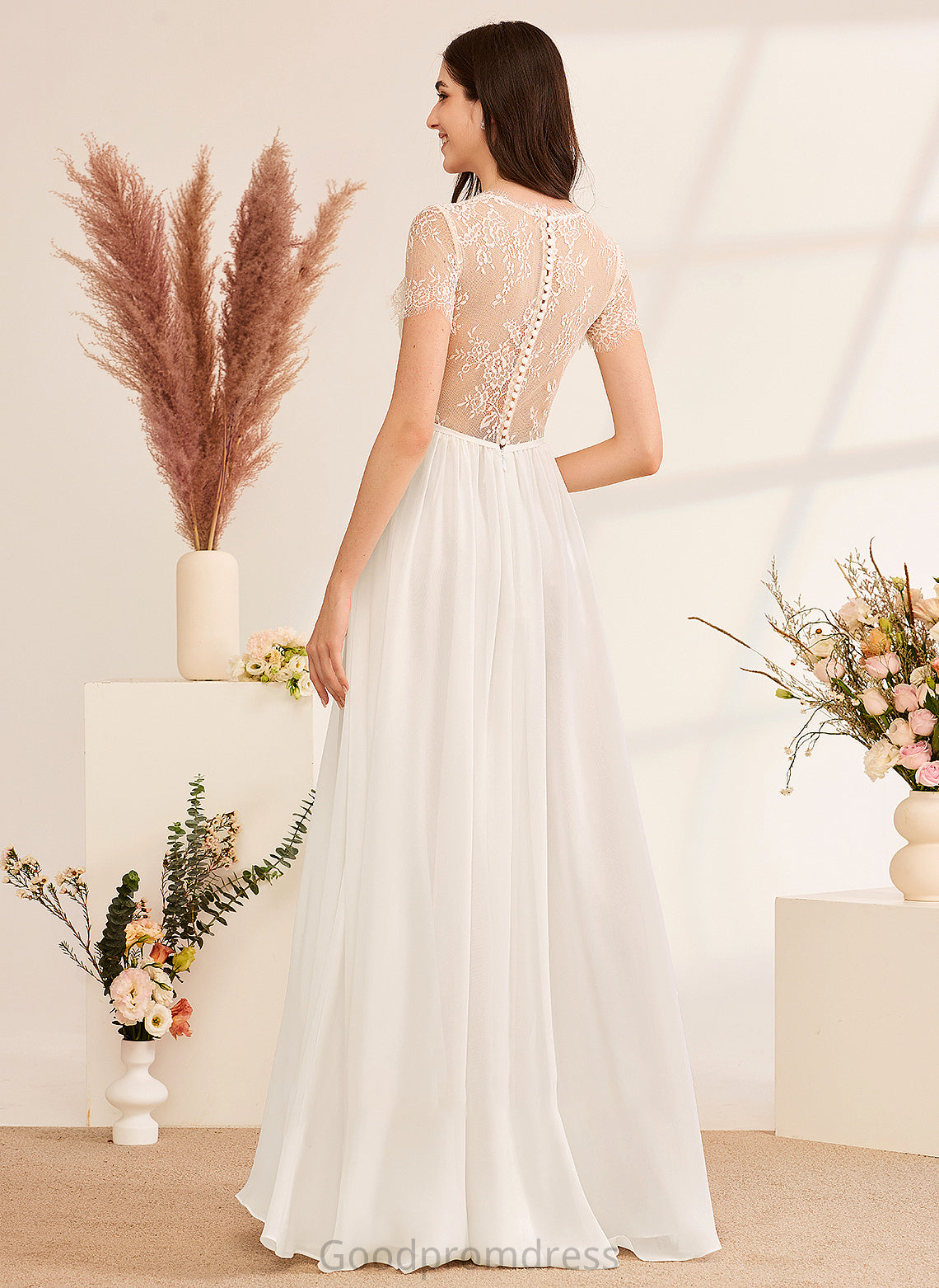 With A-Line Luz Floor-Length Wedding V-neck Dress Ruffle Wedding Dresses