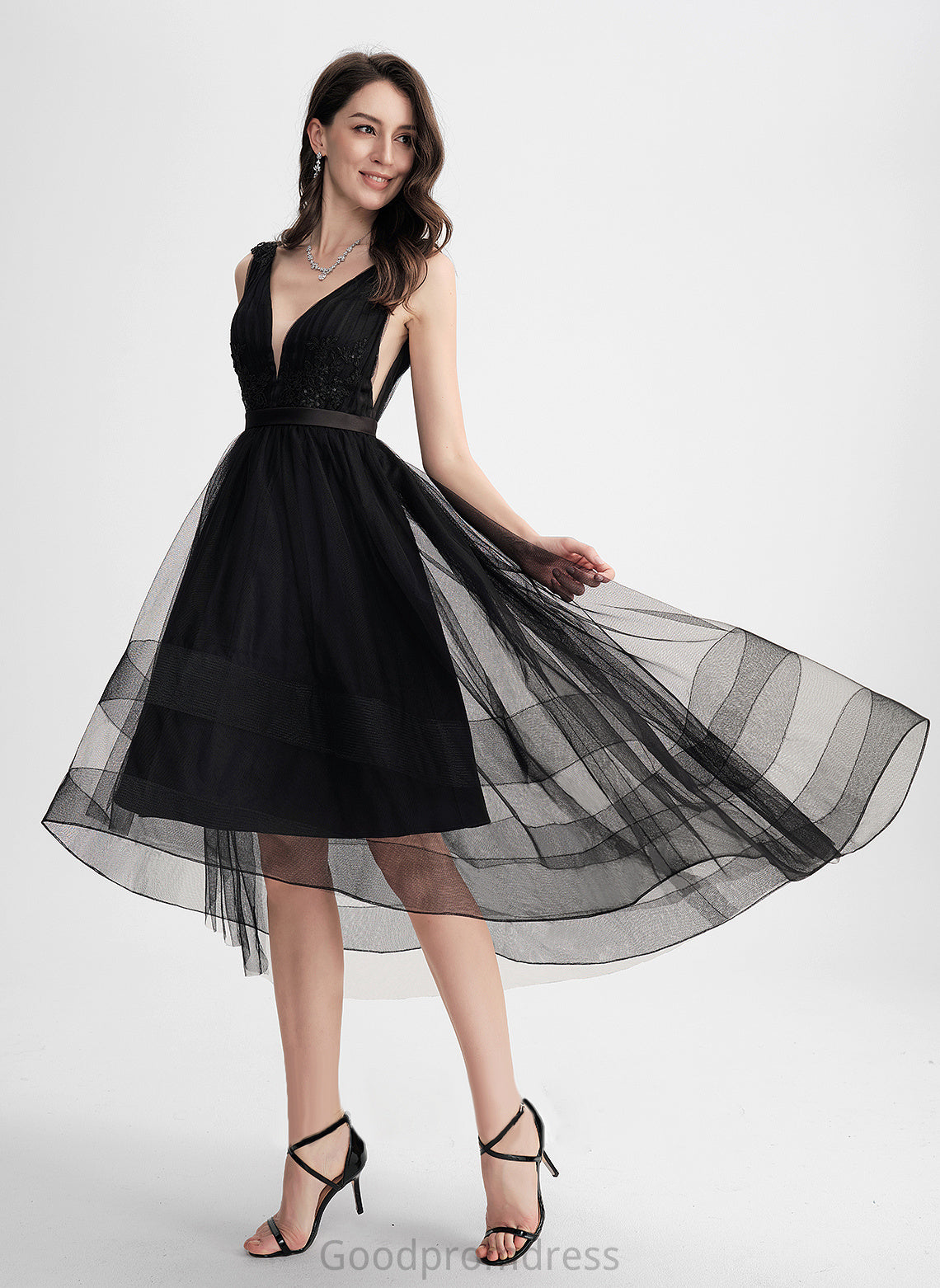 V-neck A-Line Cocktail Dresses With Asymmetrical Dress Tulle Cocktail Sequins Lace Jaylah